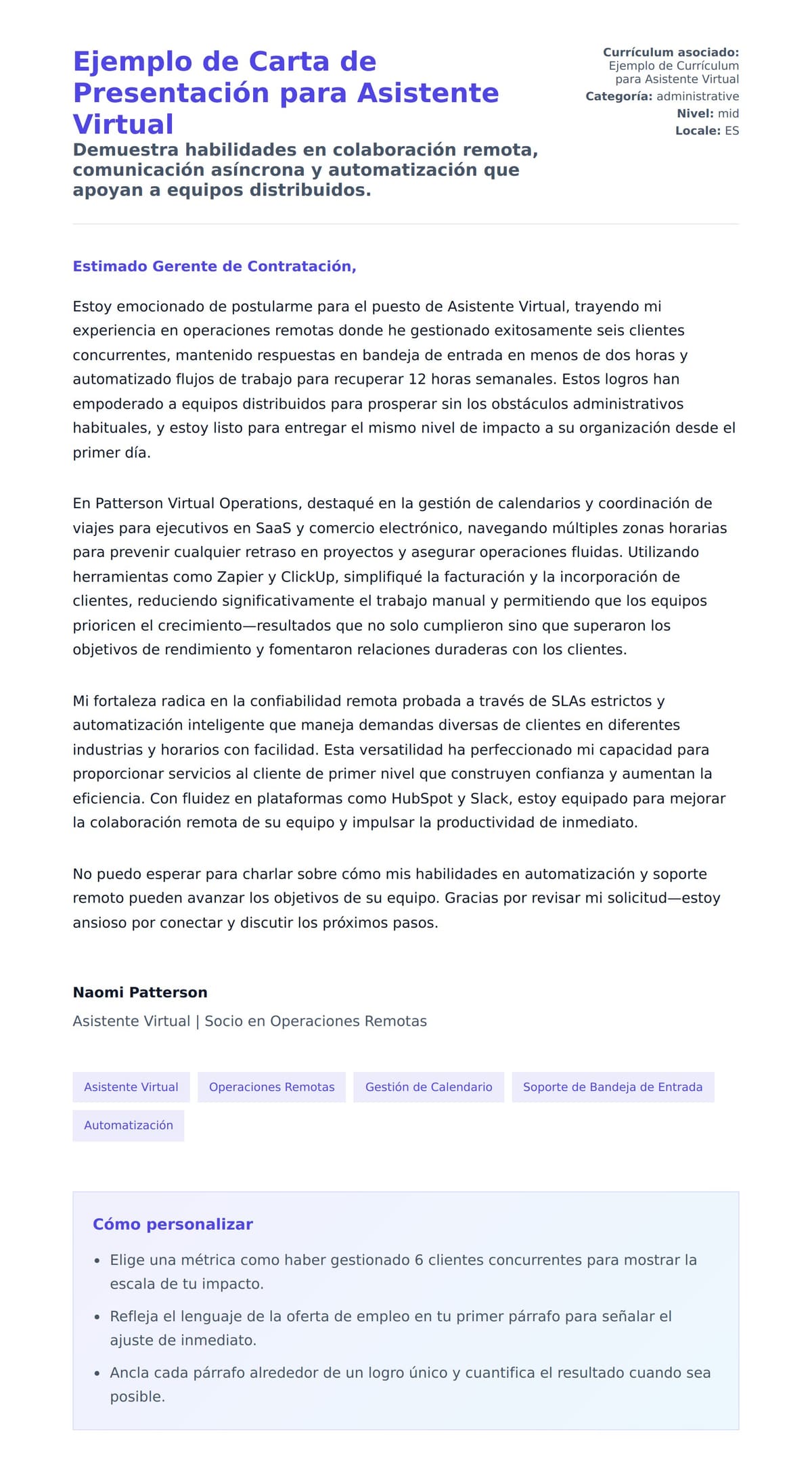 Vista previa de la carta para Ejemplo de Carta de Presentación para Asistente Virtual