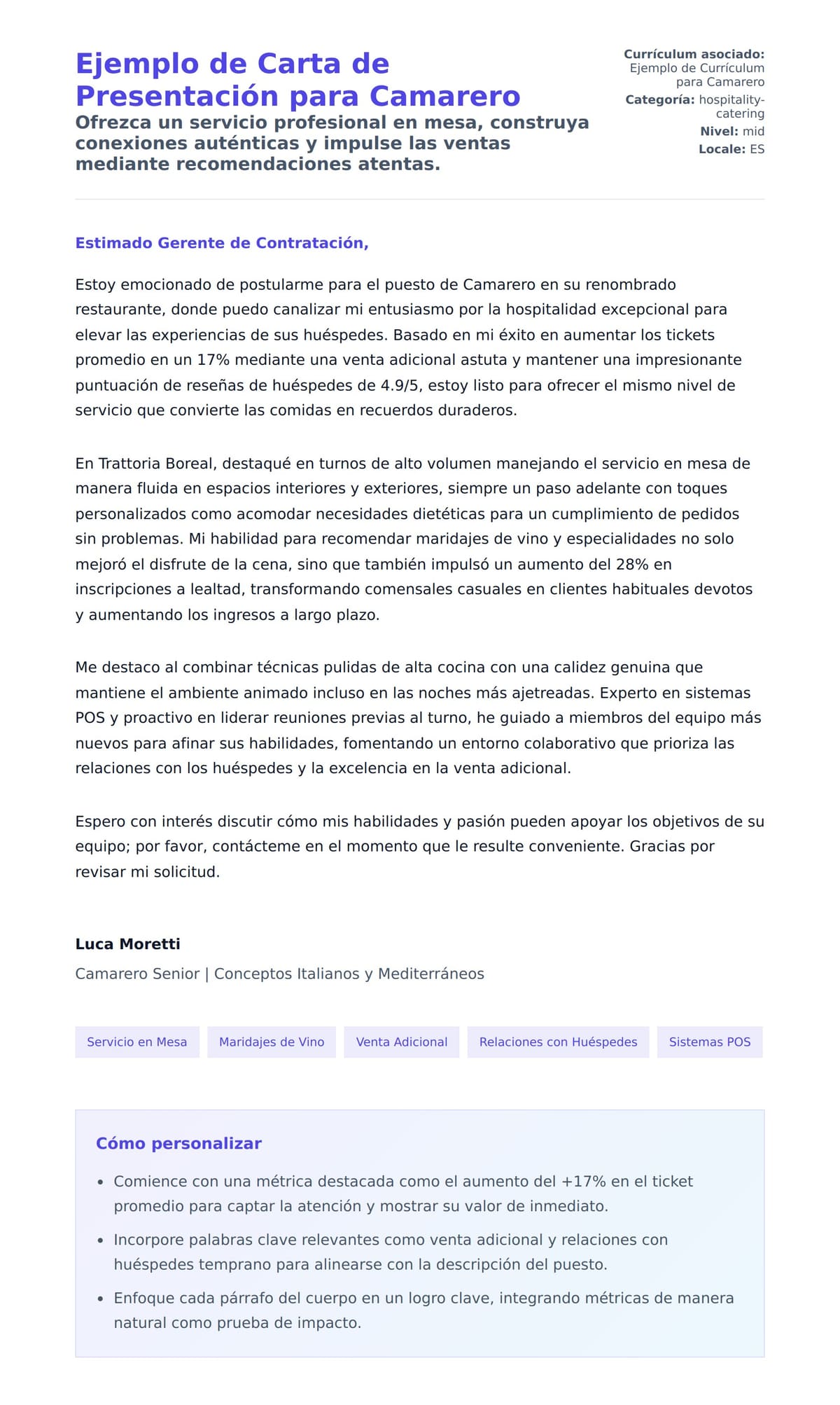 Vista previa de la carta para Ejemplo de Carta de Presentación para Camarero