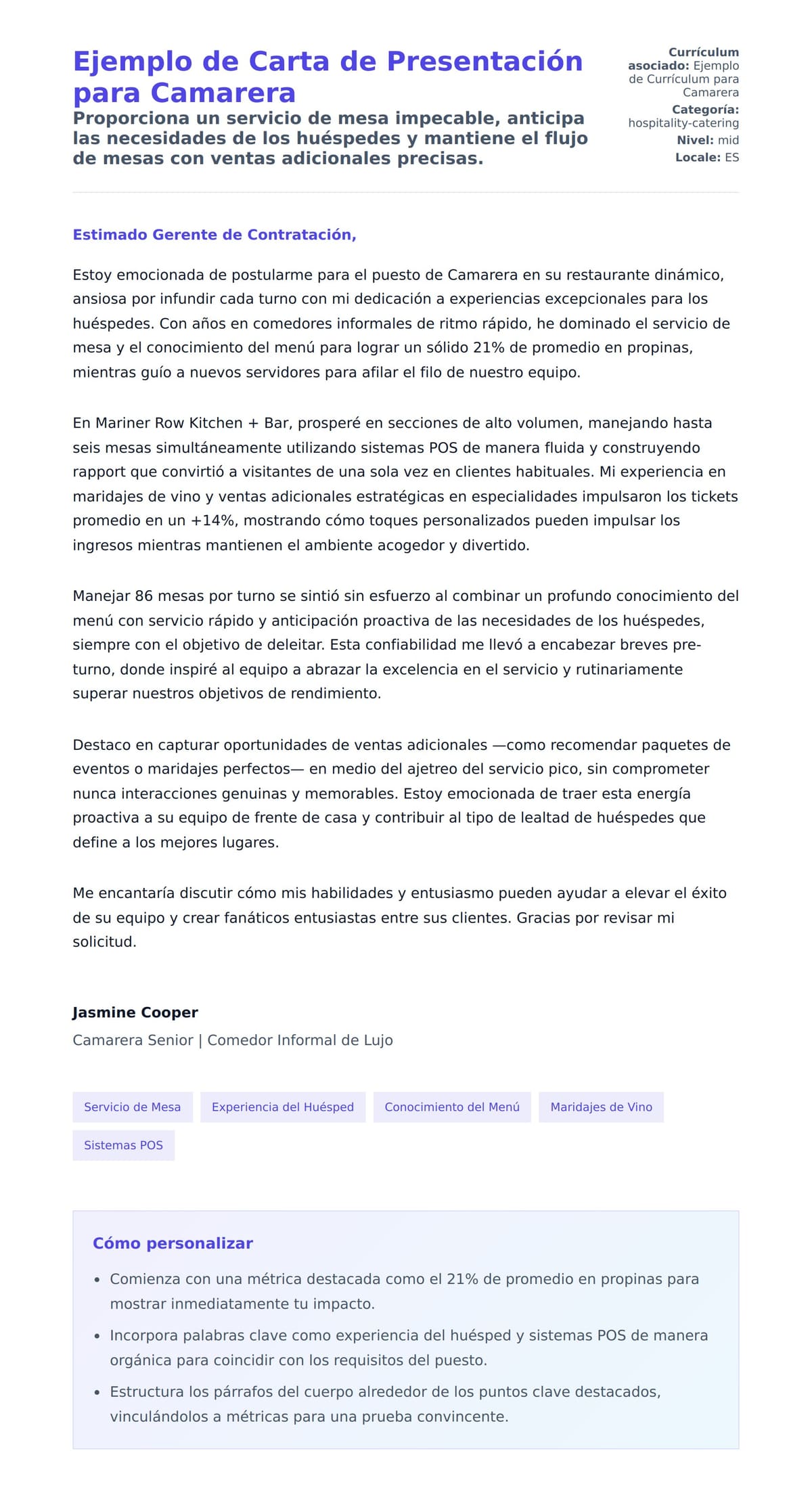 Vista previa de la carta para Ejemplo de Carta de Presentación para Camarera