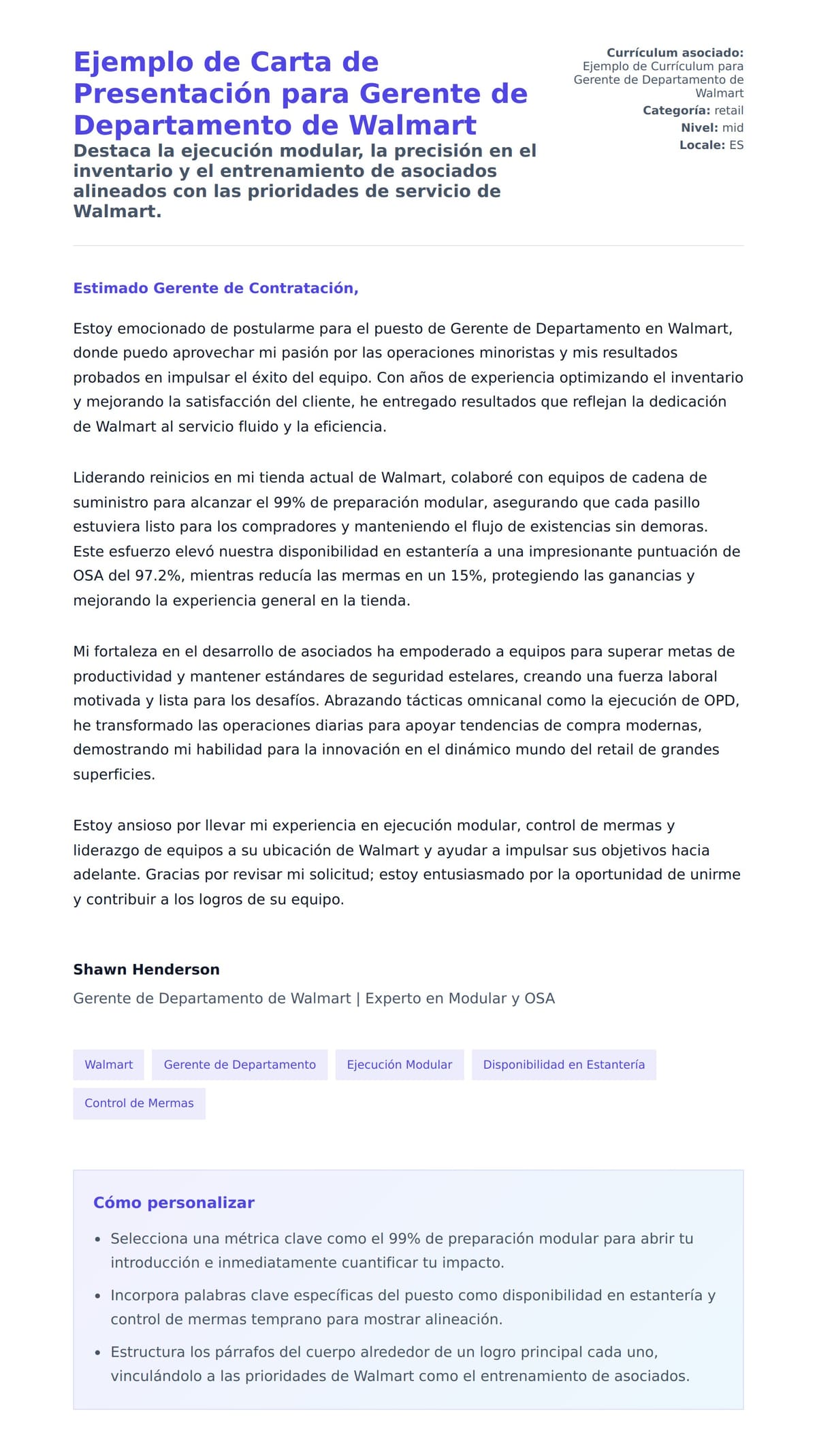 Vista previa de la carta para Ejemplo de Carta de Presentación para Gerente de Departamento de Walmart