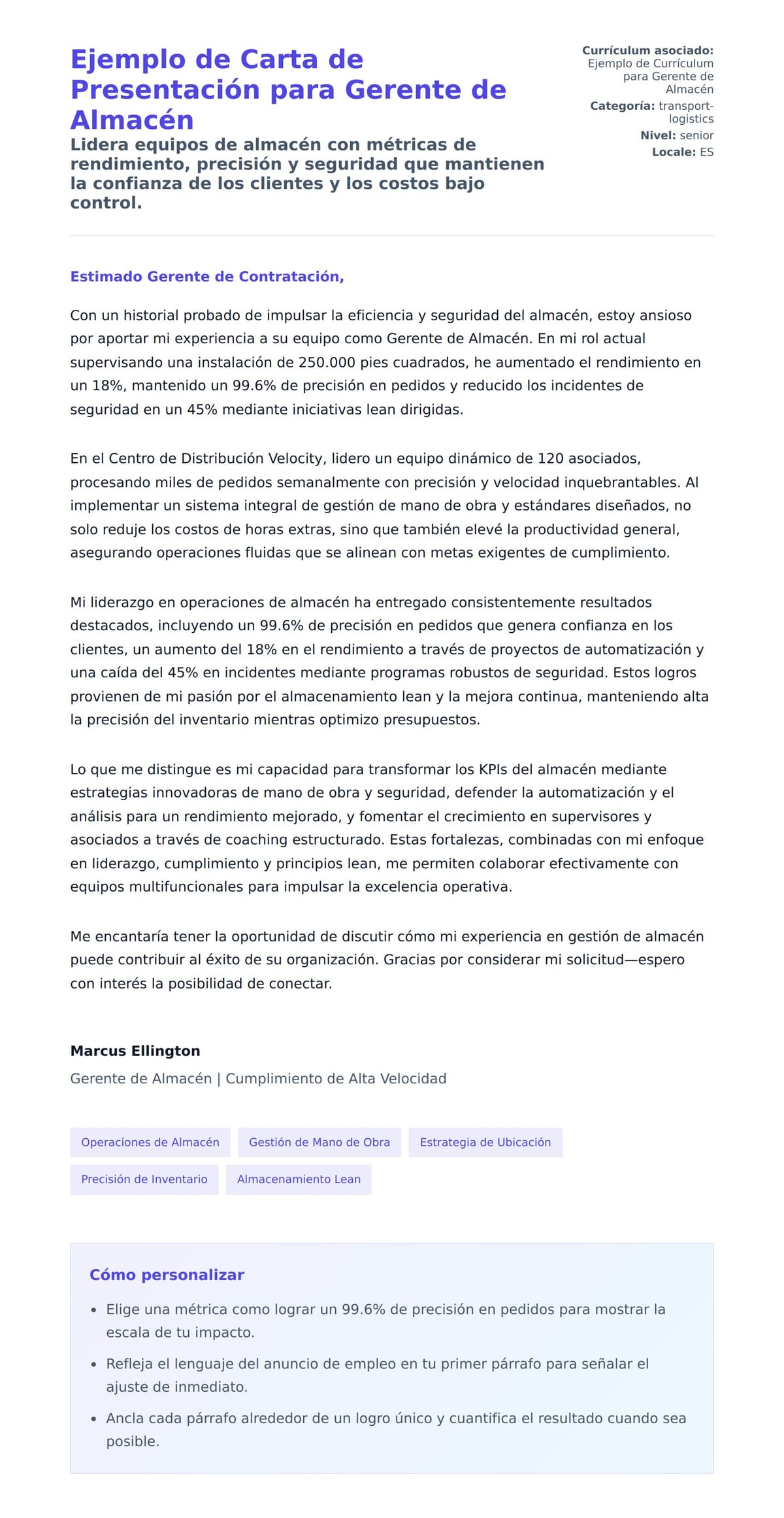 Vista previa de la carta para Ejemplo de Carta de Presentación para Gerente de Almacén