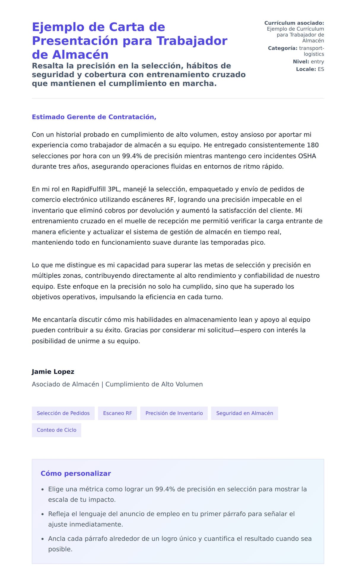Vista previa de la carta para Ejemplo de Carta de Presentación para Trabajador de Almacén