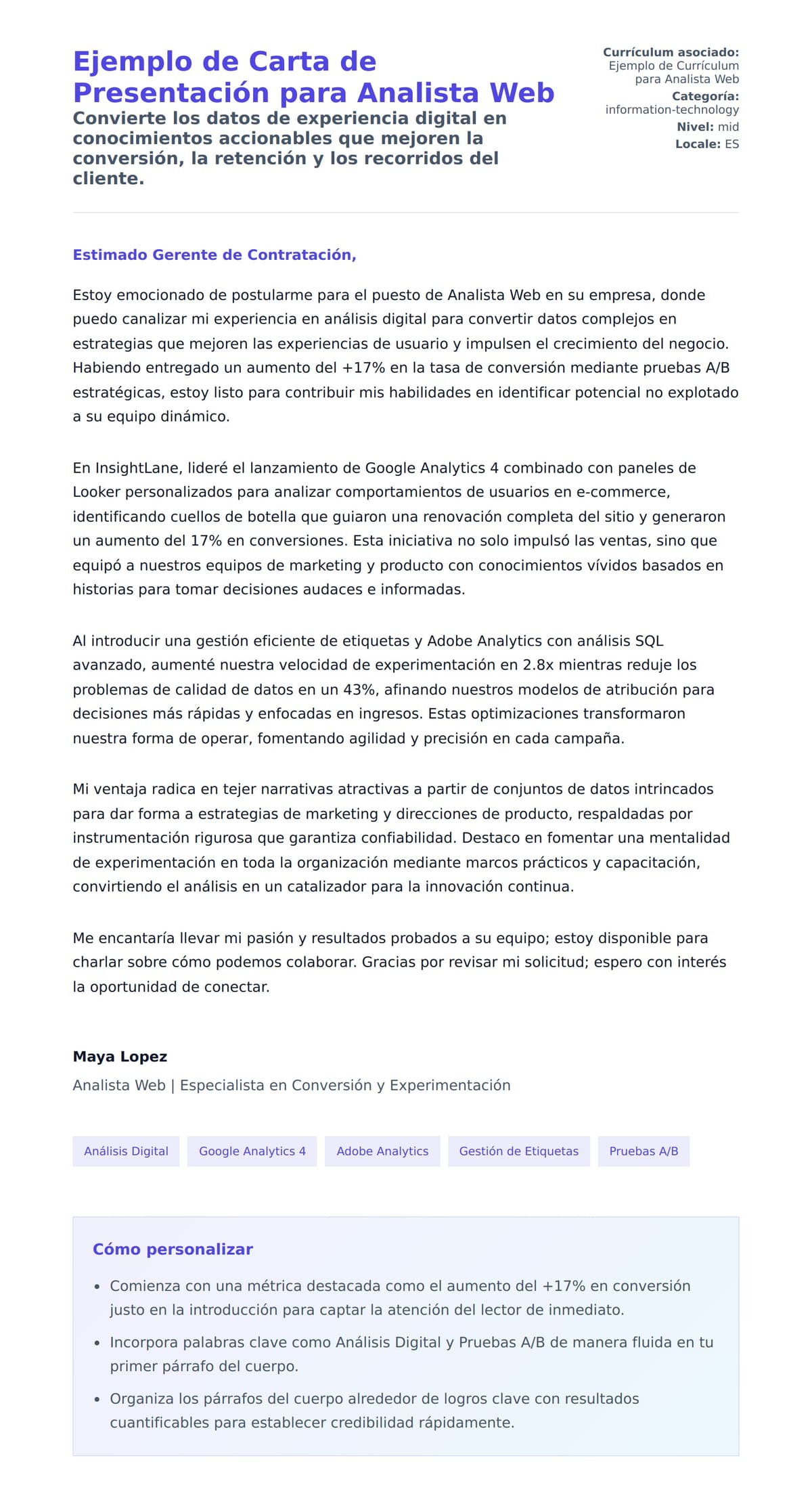Vista previa de la carta para Ejemplo de Carta de Presentación para Analista Web