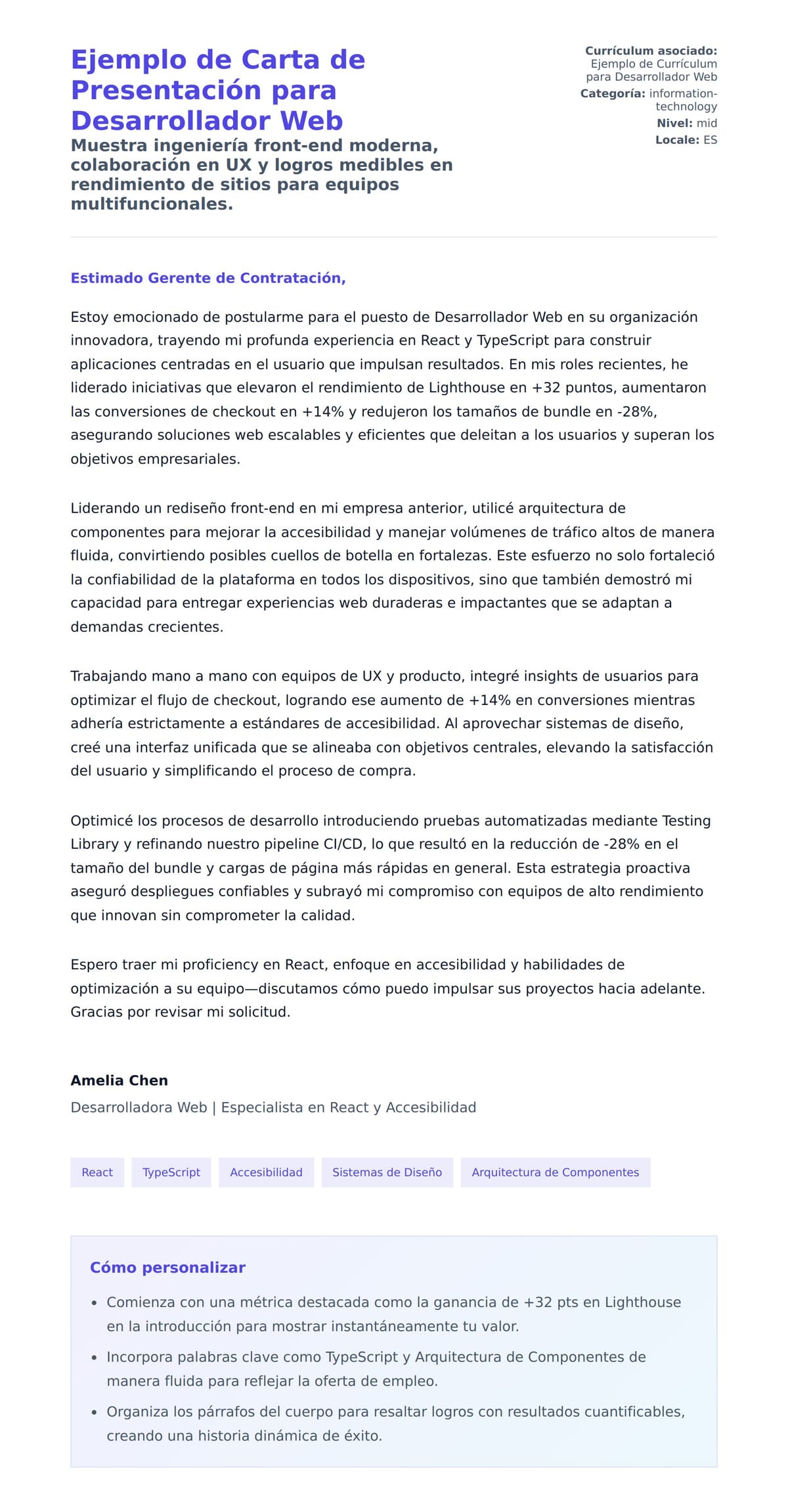 Vista previa de la carta para Ejemplo de Carta de Presentación para Desarrollador Web