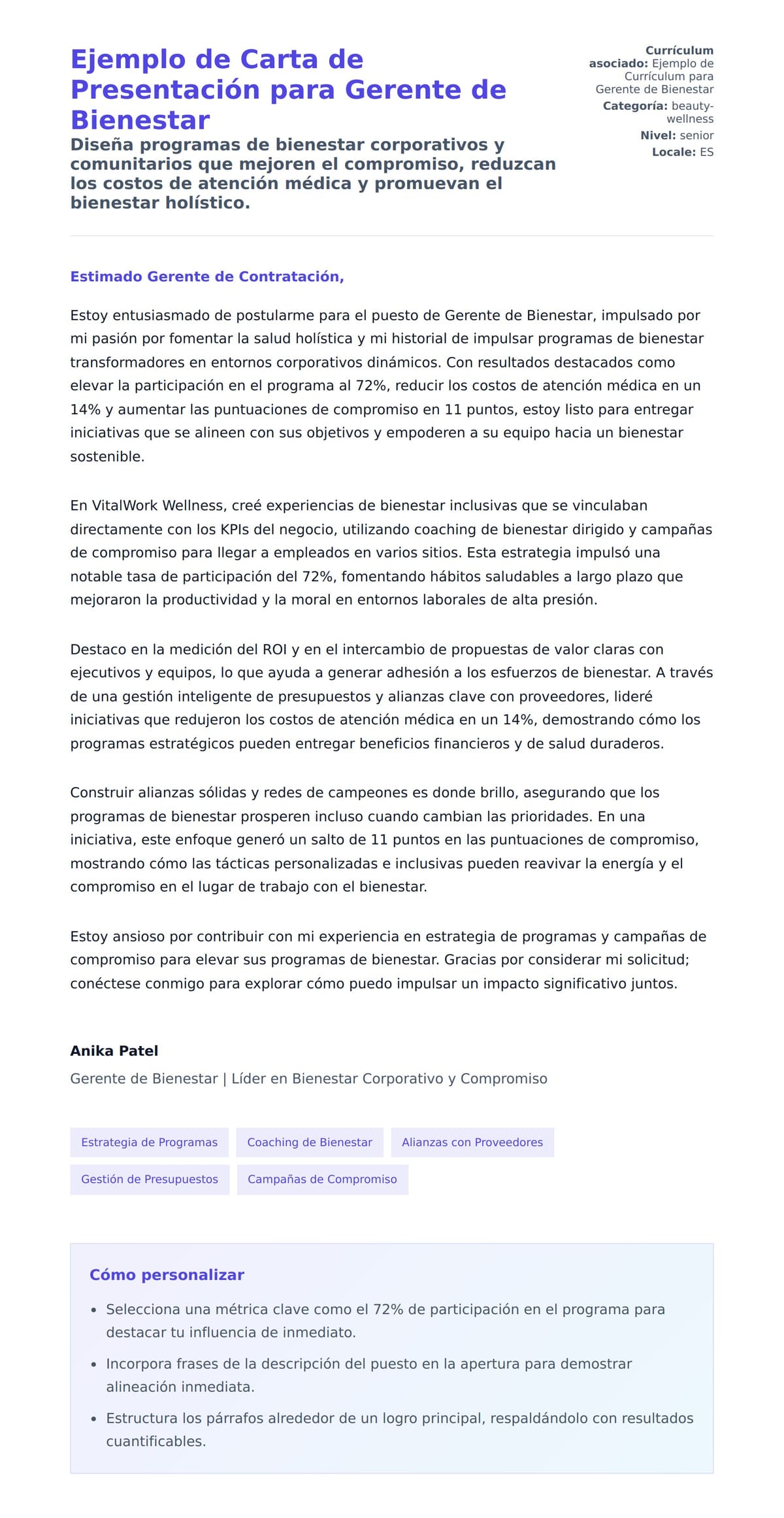 Vista previa de la carta para Ejemplo de Carta de Presentación para Gerente de Bienestar