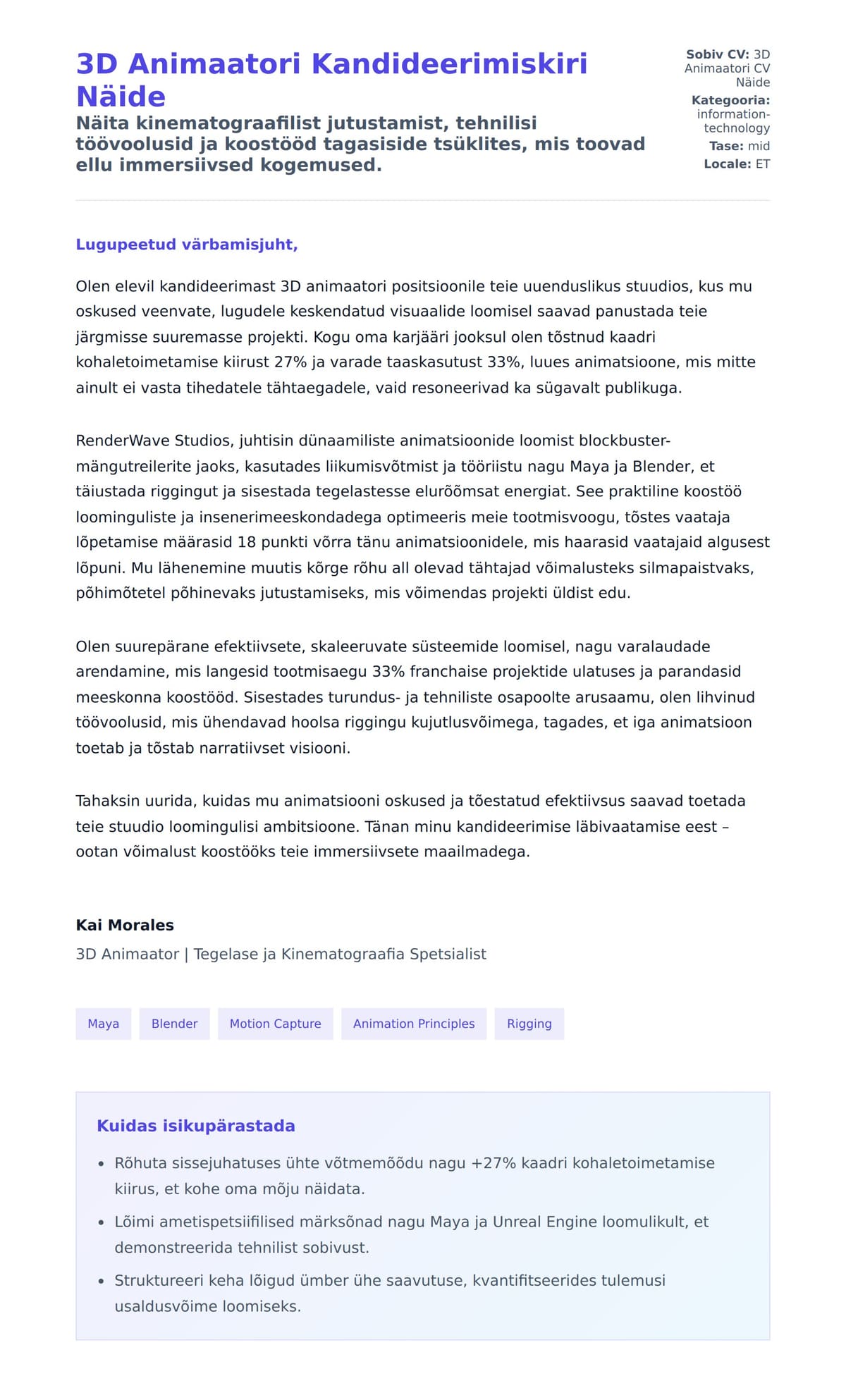 Kaaskirja eelvaade 3D Animaatori Kandideerimiskiri Näide jaoks