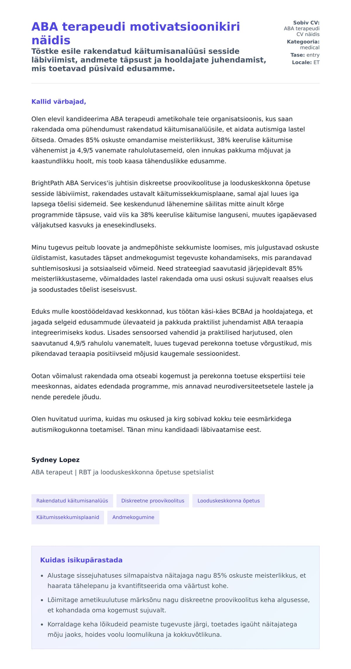 Kaaskirja eelvaade ABA terapeudi motivatsioonikiri näidis jaoks