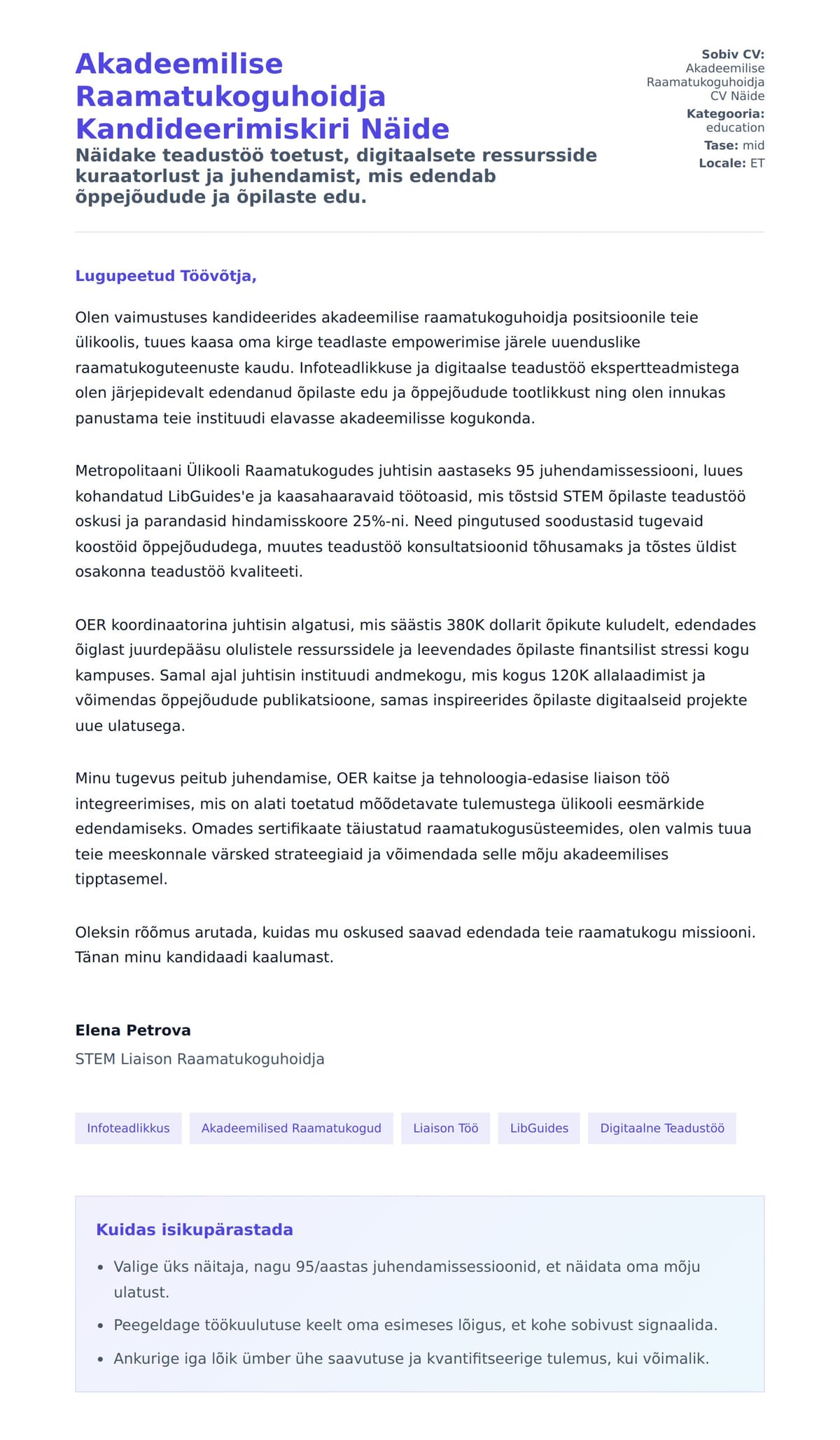 Kaaskirja eelvaade Akadeemilise Raamatukoguhoidja Kandideerimiskiri Näide jaoks