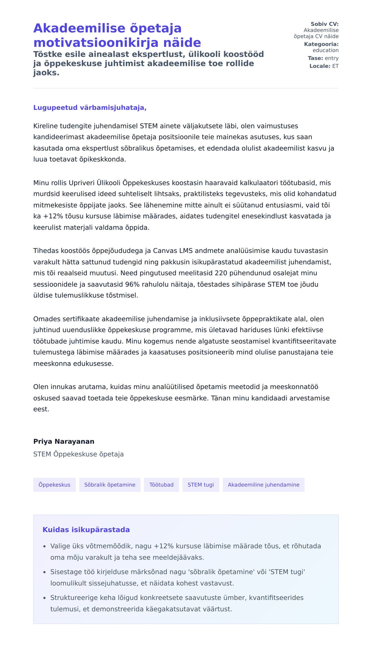 Kaaskirja eelvaade Akadeemilise õpetaja motivatsioonikirja näide jaoks