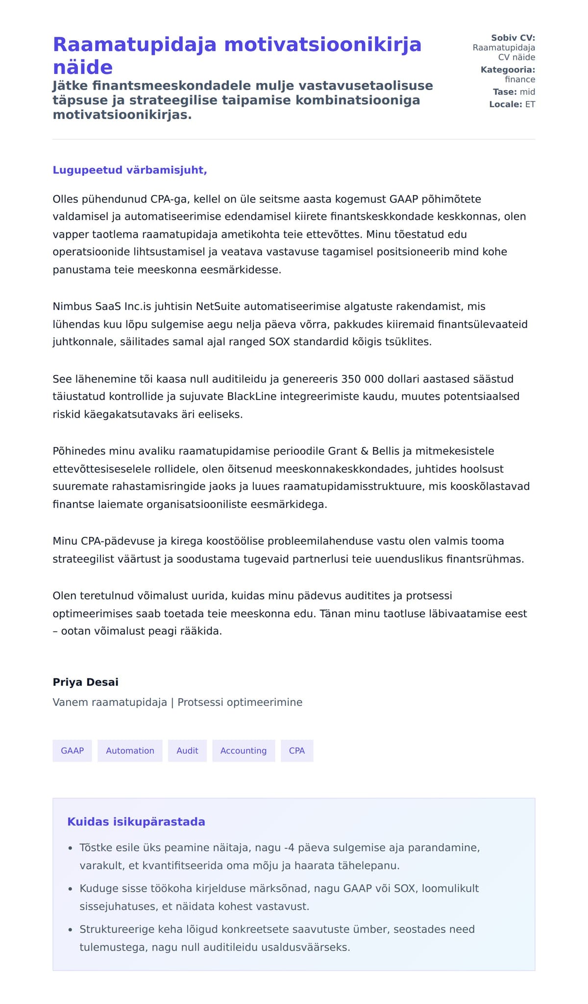 Kaaskirja eelvaade Raamatupidaja motivatsioonikirja näide jaoks
