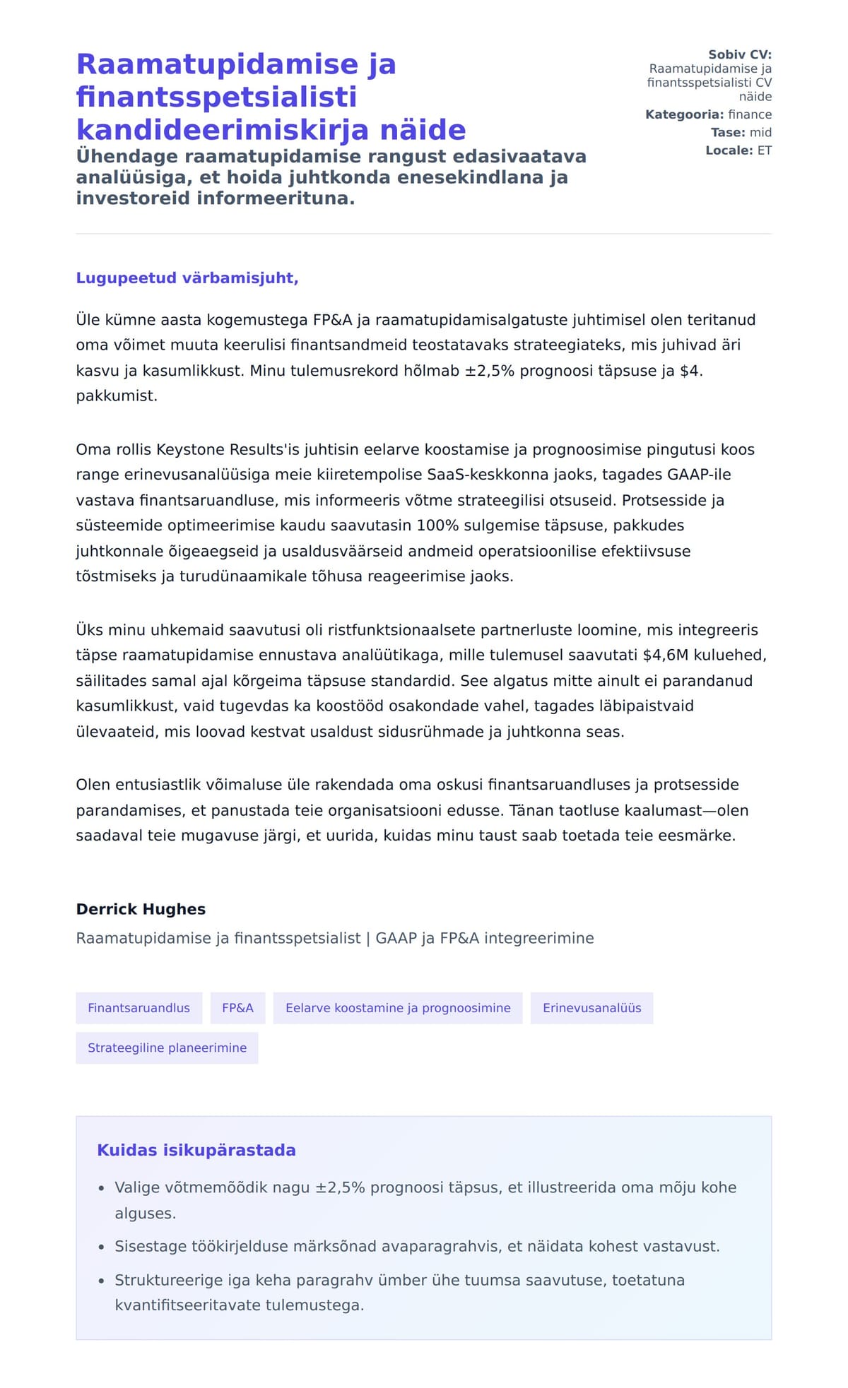 Kaaskirja eelvaade Raamatupidamise ja finantsspetsialisti kandideerimiskirja näide jaoks