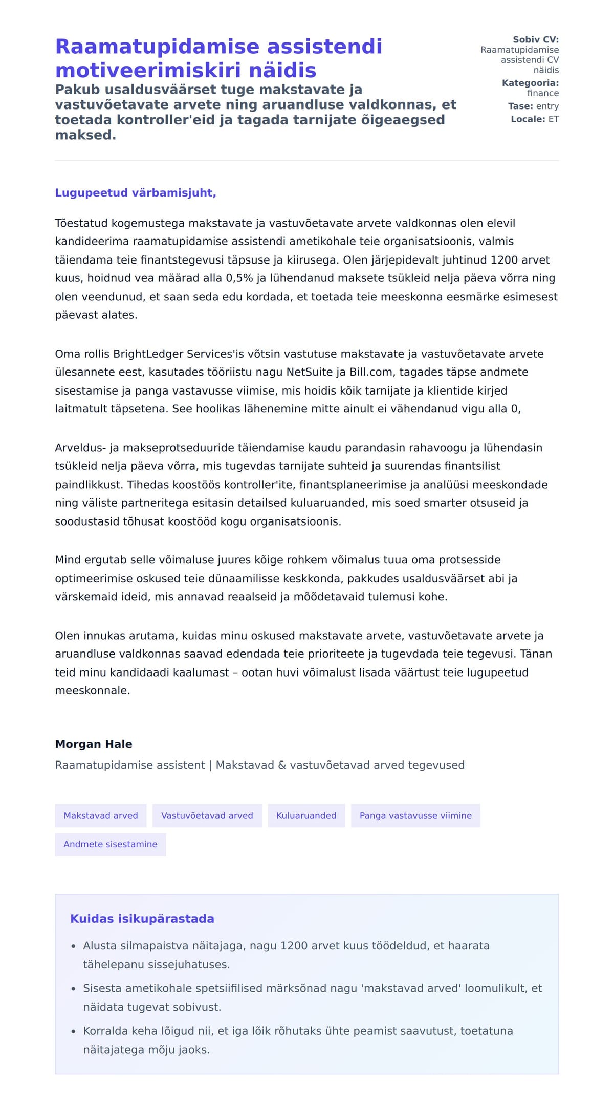 Kaaskirja eelvaade Raamatupidamise assistendi motiveerimiskiri näidis jaoks