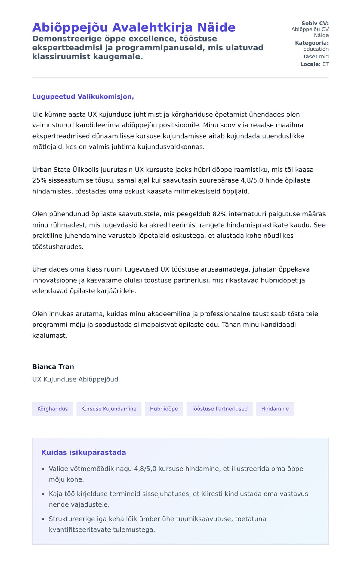 Kaaskirja eelvaade Abiõppejõu Avalehtkirja Näide jaoks