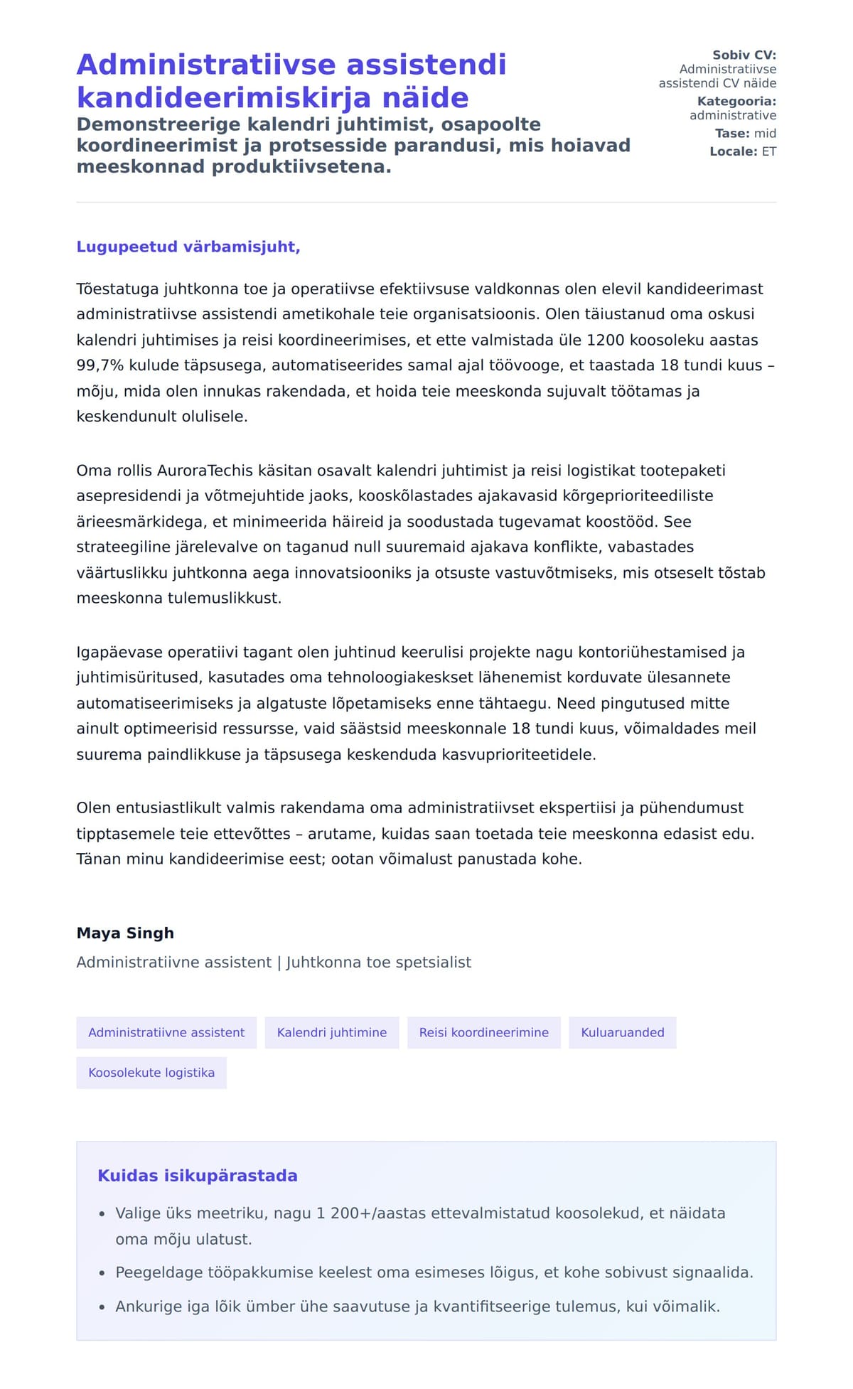 Kaaskirja eelvaade Administratiivse assistendi kandideerimiskirja näide jaoks