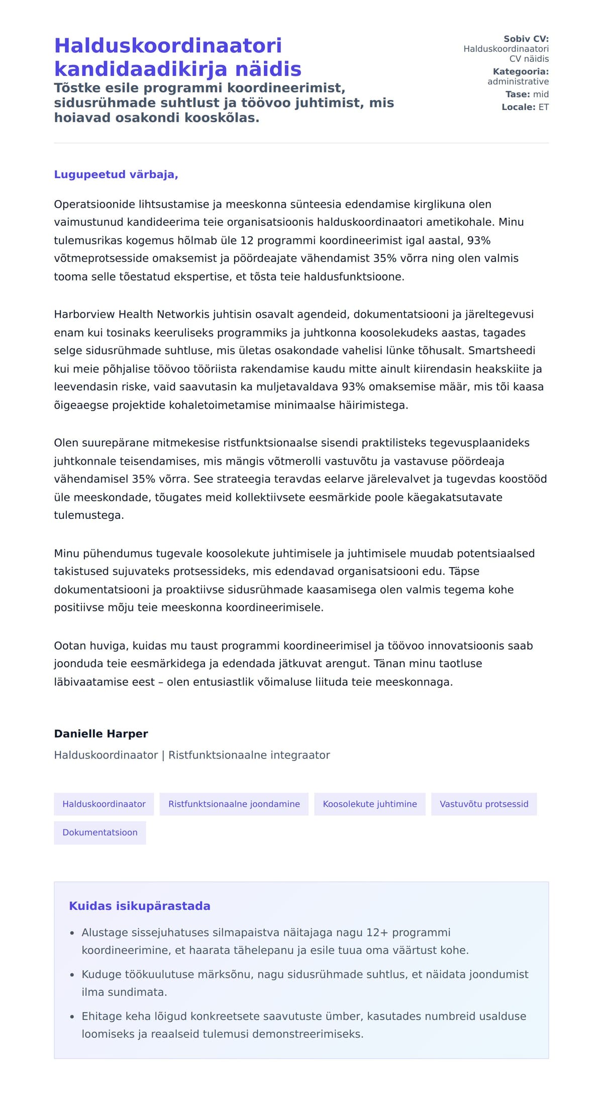 Kaaskirja eelvaade Halduskoordinaatori kandidaadikirja näidis jaoks