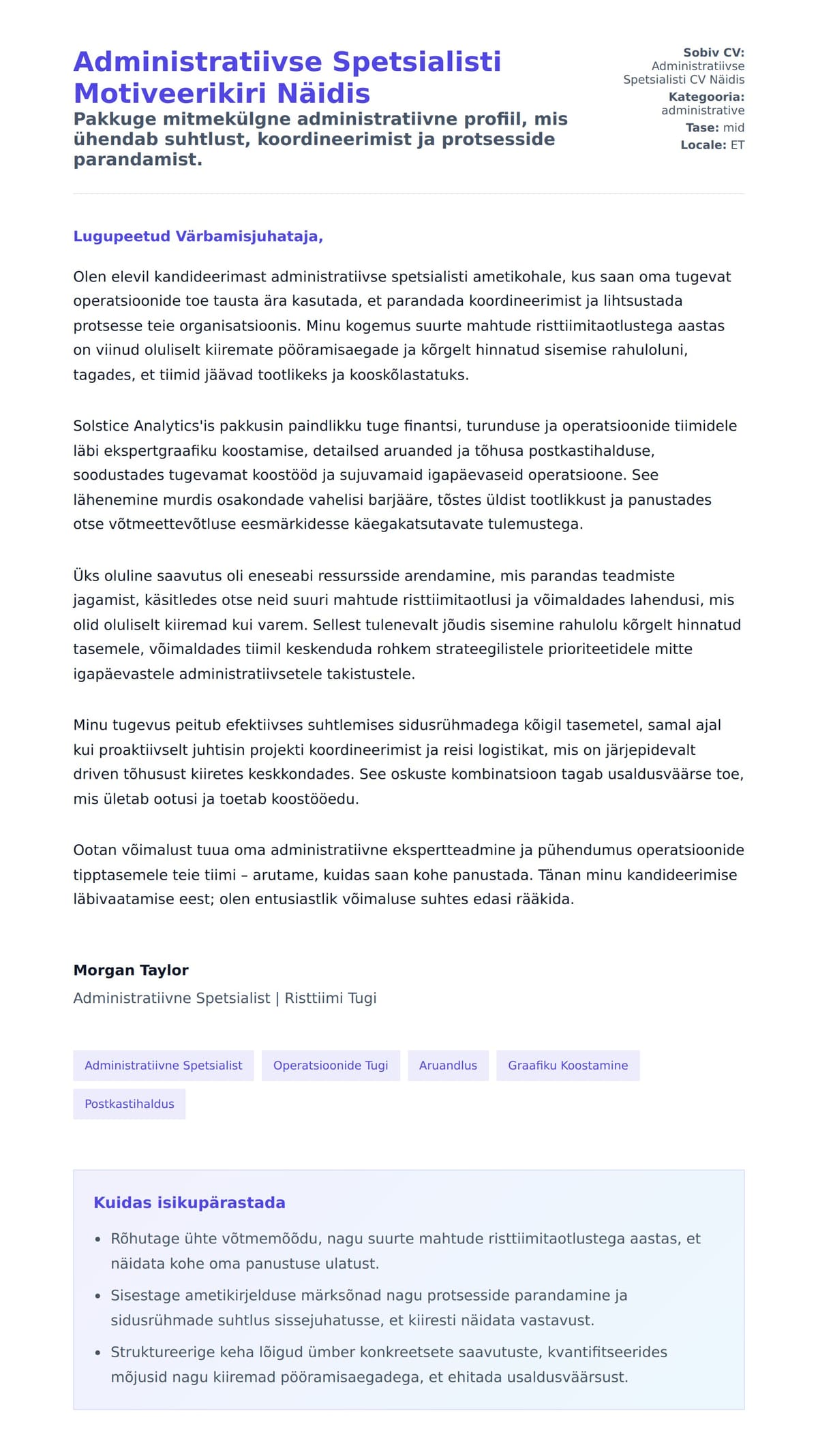 Kaaskirja eelvaade Administratiivse Spetsialisti Motiveerikiri Näidis jaoks