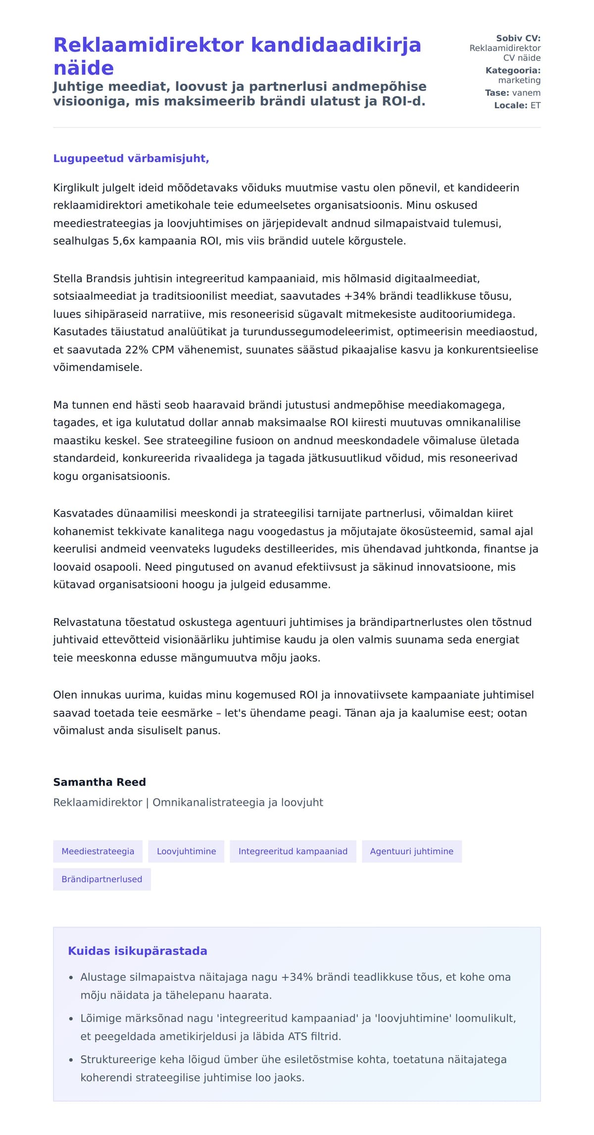 Kaaskirja eelvaade Reklaamidirektor kandidaadikirja näide jaoks