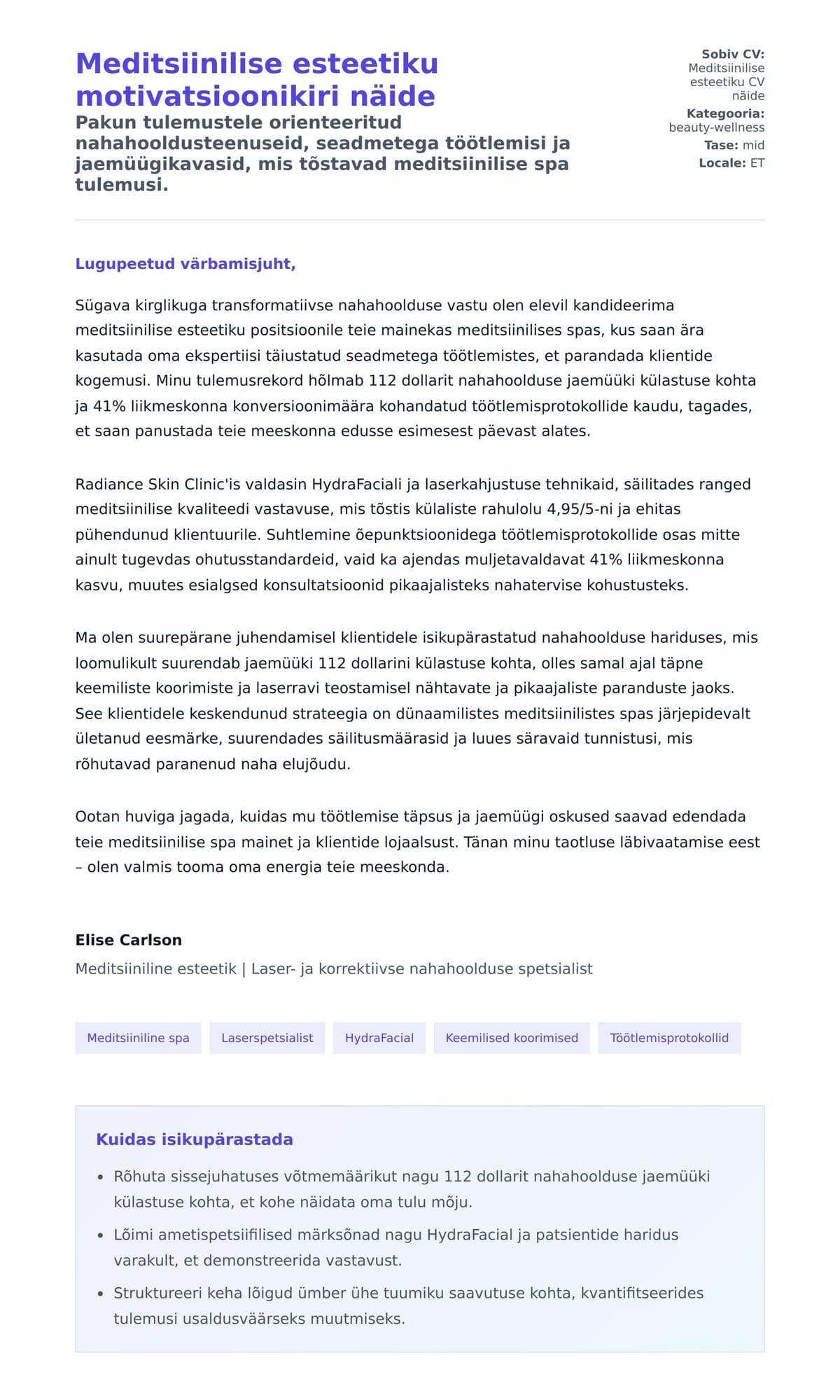 Kaaskirja eelvaade Meditsiinilise esteetiku motivatsioonikiri näide jaoks