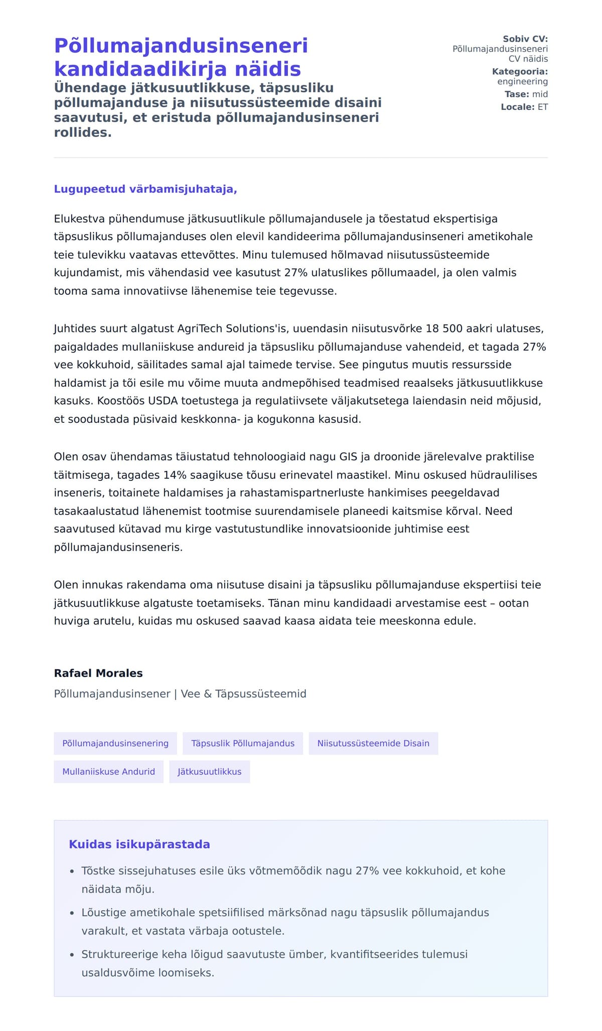 Kaaskirja eelvaade Põllumajandusinseneri kandidaadikirja näidis jaoks
