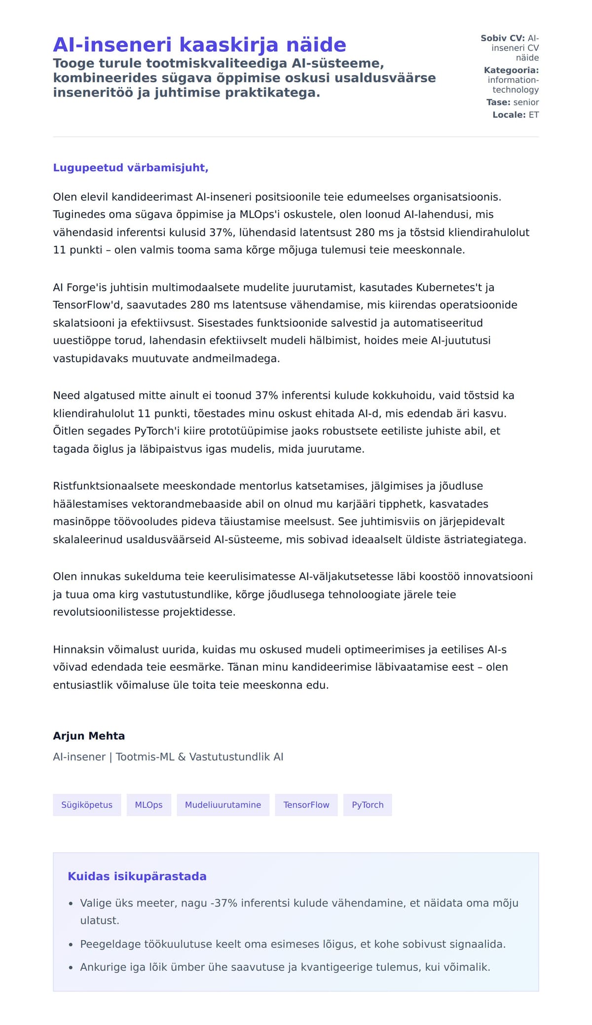 Kaaskirja eelvaade AI-inseneri kaaskirja näide jaoks