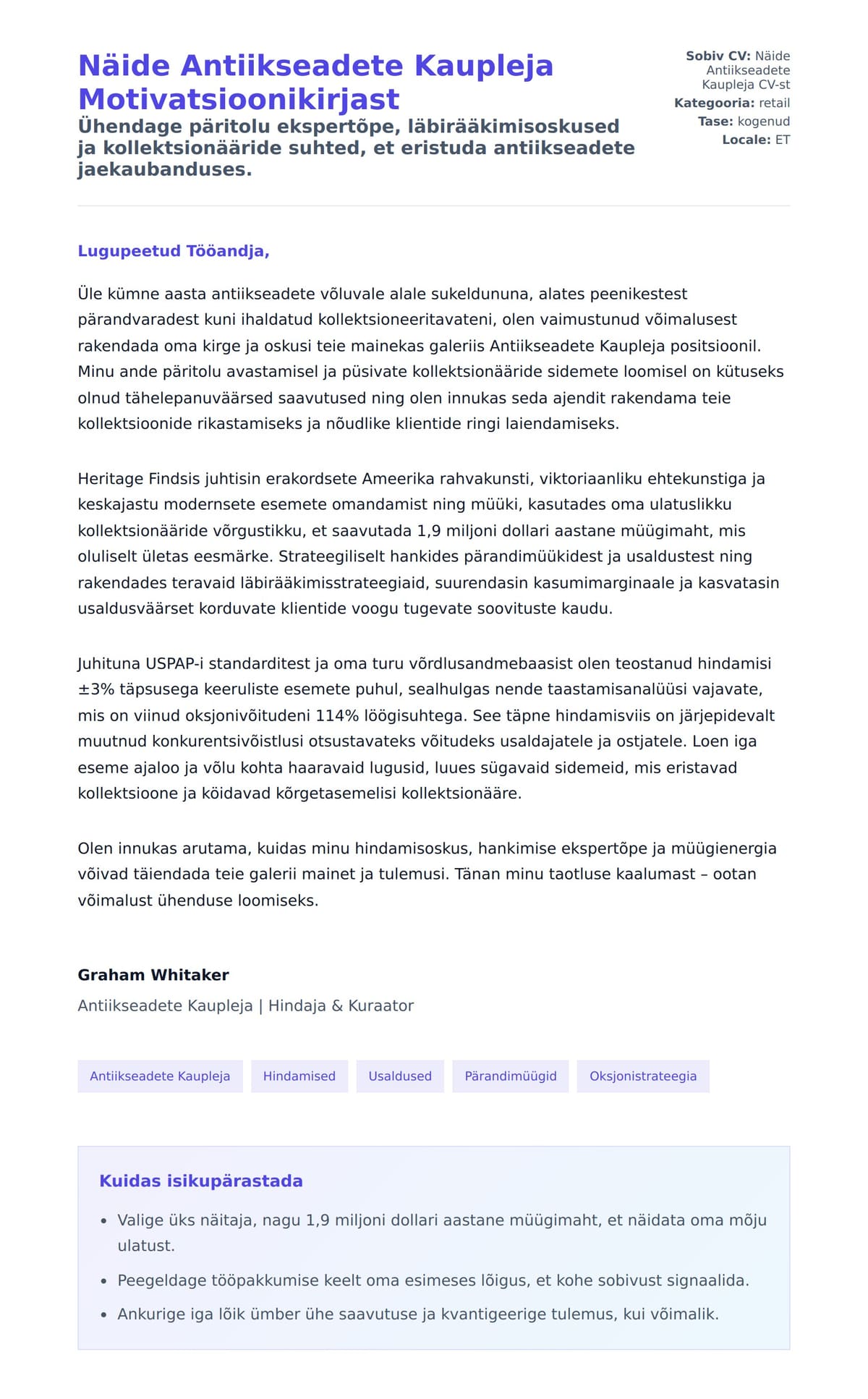 Kaaskirja eelvaade Näide Antiikseadete Kaupleja Motivatsioonikirjast jaoks