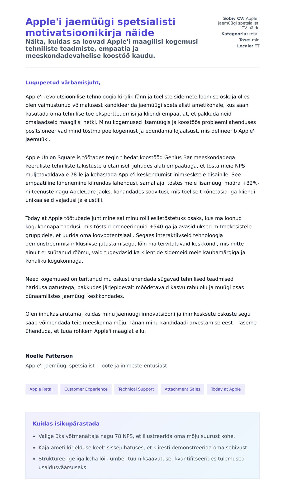 Kaaskirja eelvaade Apple'i jaemüügi spetsialisti motivatsioonikirja näide jaoks
