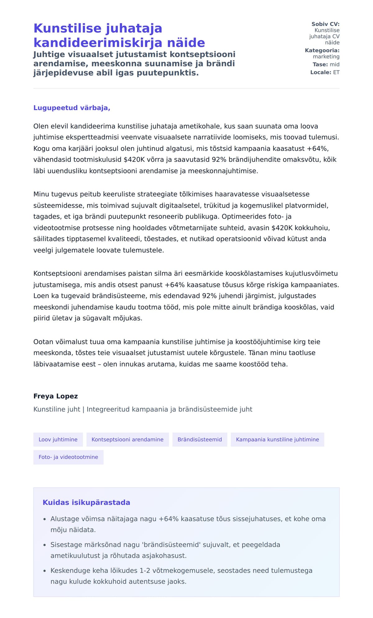 Kaaskirja eelvaade Kunstilise juhataja kandideerimiskirja näide jaoks