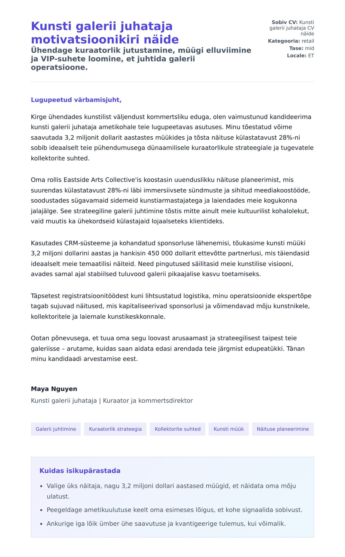 Kaaskirja eelvaade Kunsti galerii juhataja motivatsioonikiri näide jaoks