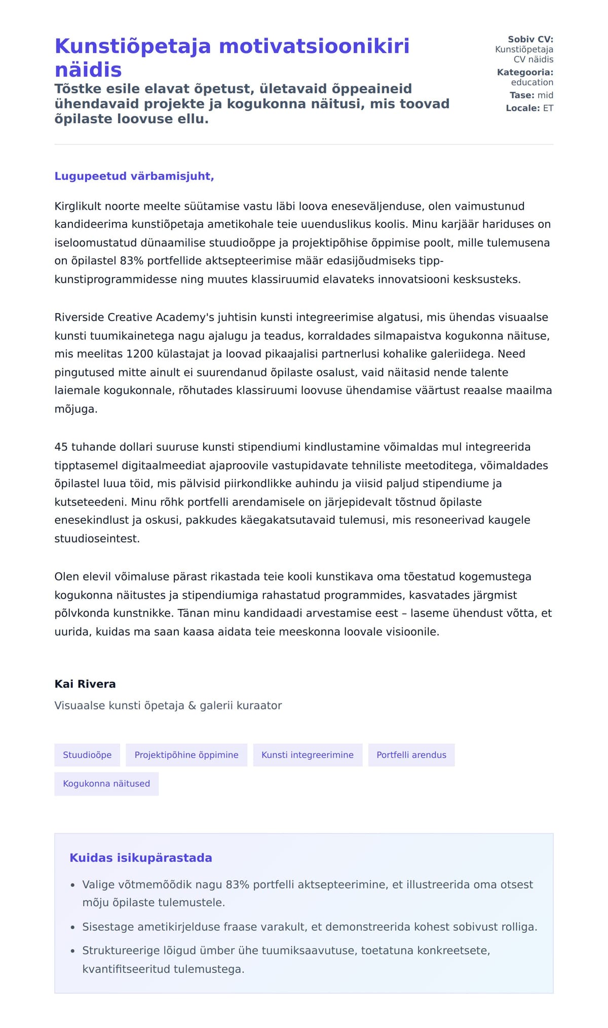 Kaaskirja eelvaade Kunstiõpetaja motivatsioonikiri näidis jaoks