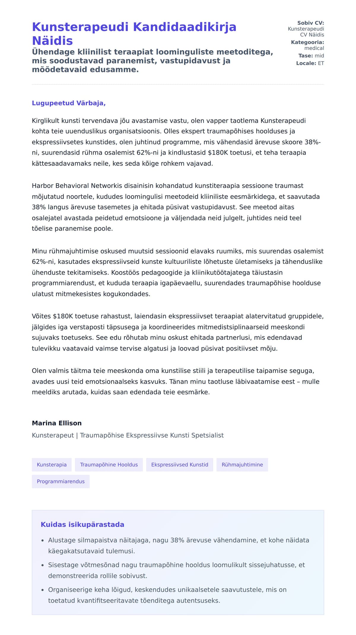 Kaaskirja eelvaade Kunsterapeudi Kandidaadikirja Näidis jaoks