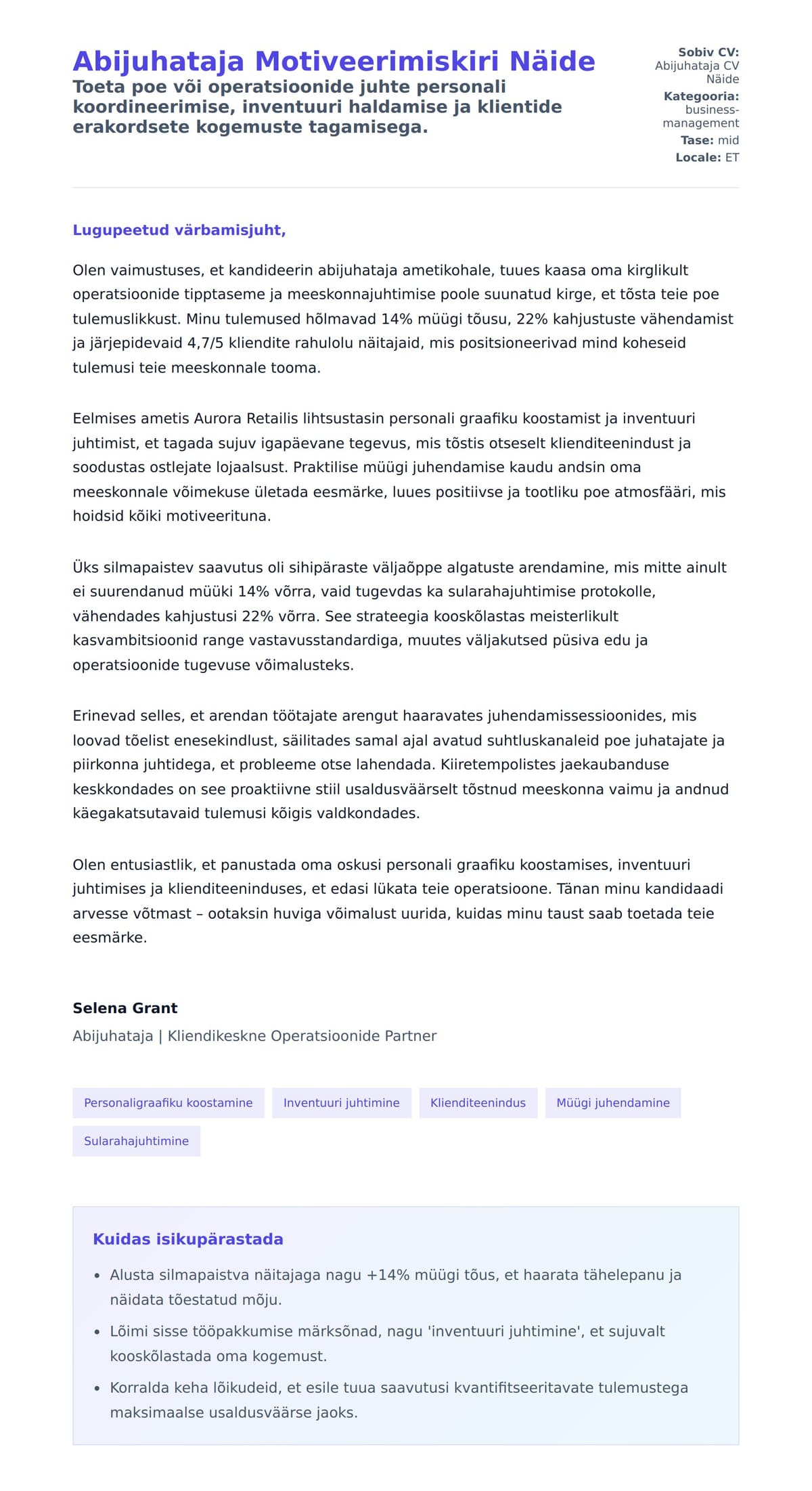 Kaaskirja eelvaade Abijuhataja Motiveerimiskiri Näide jaoks