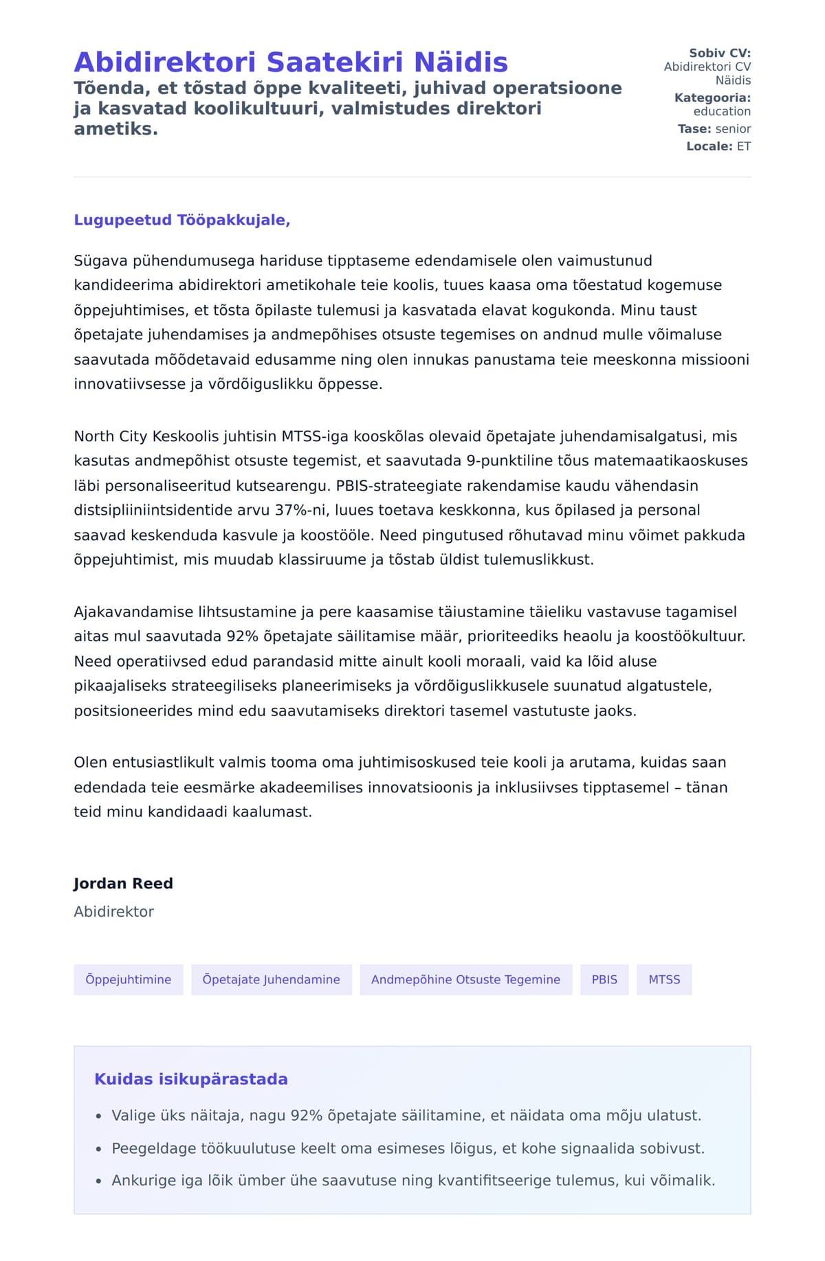 Kaaskirja eelvaade Abidirektori Saatekiri Näidis jaoks