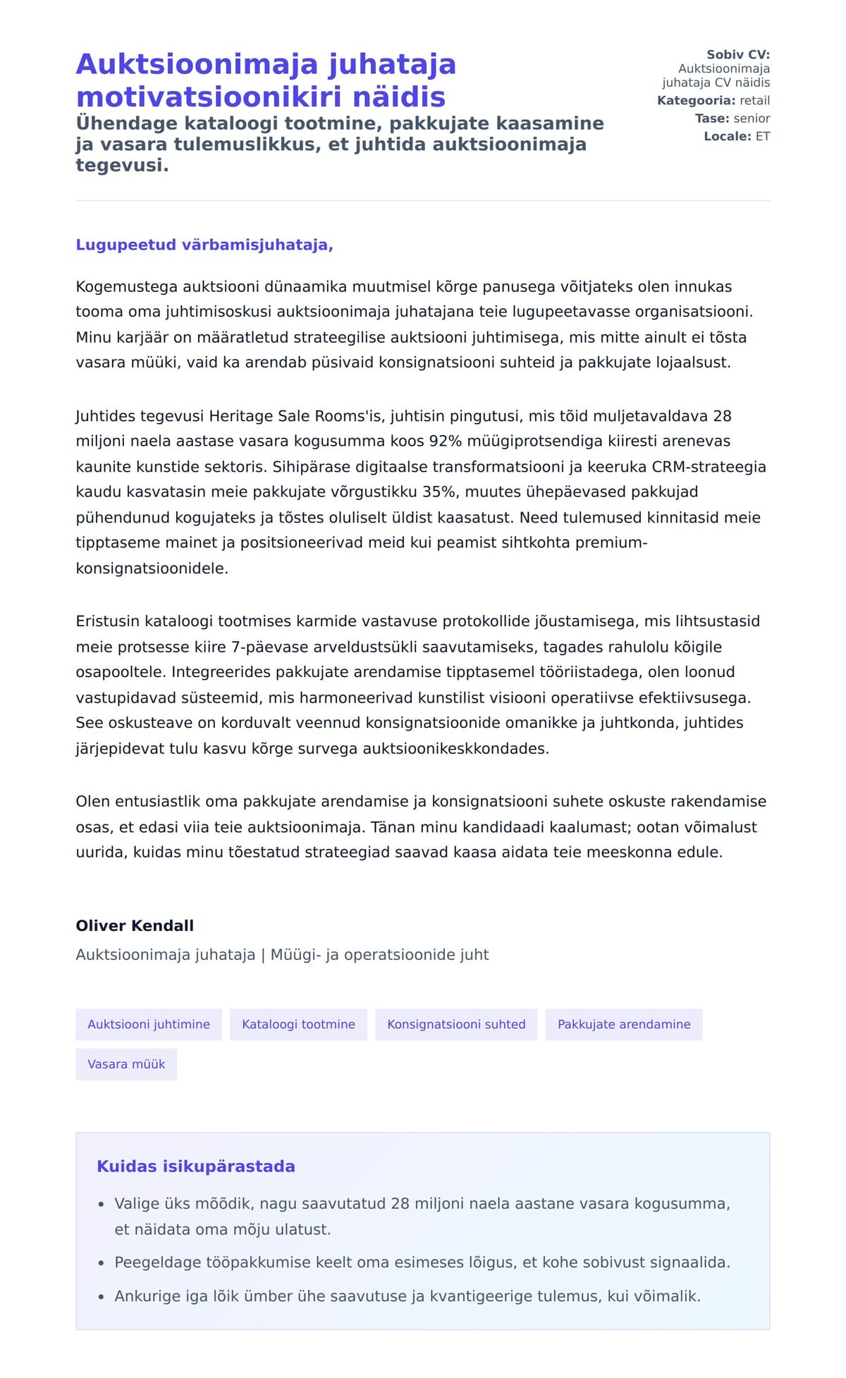 Kaaskirja eelvaade Auktsioonimaja juhataja motivatsioonikiri näidis jaoks