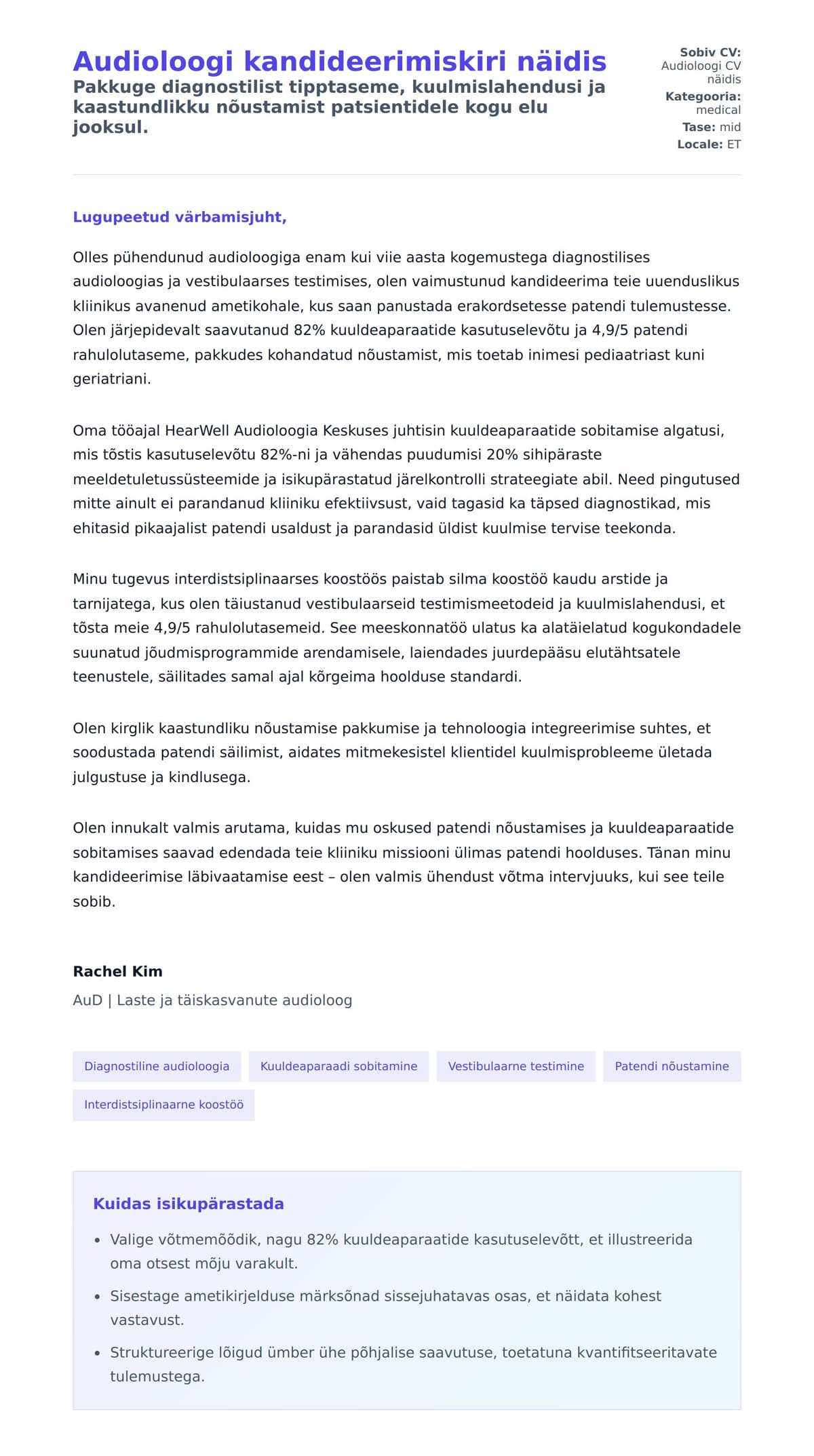 Kaaskirja eelvaade Audioloogi kandideerimiskiri näidis jaoks