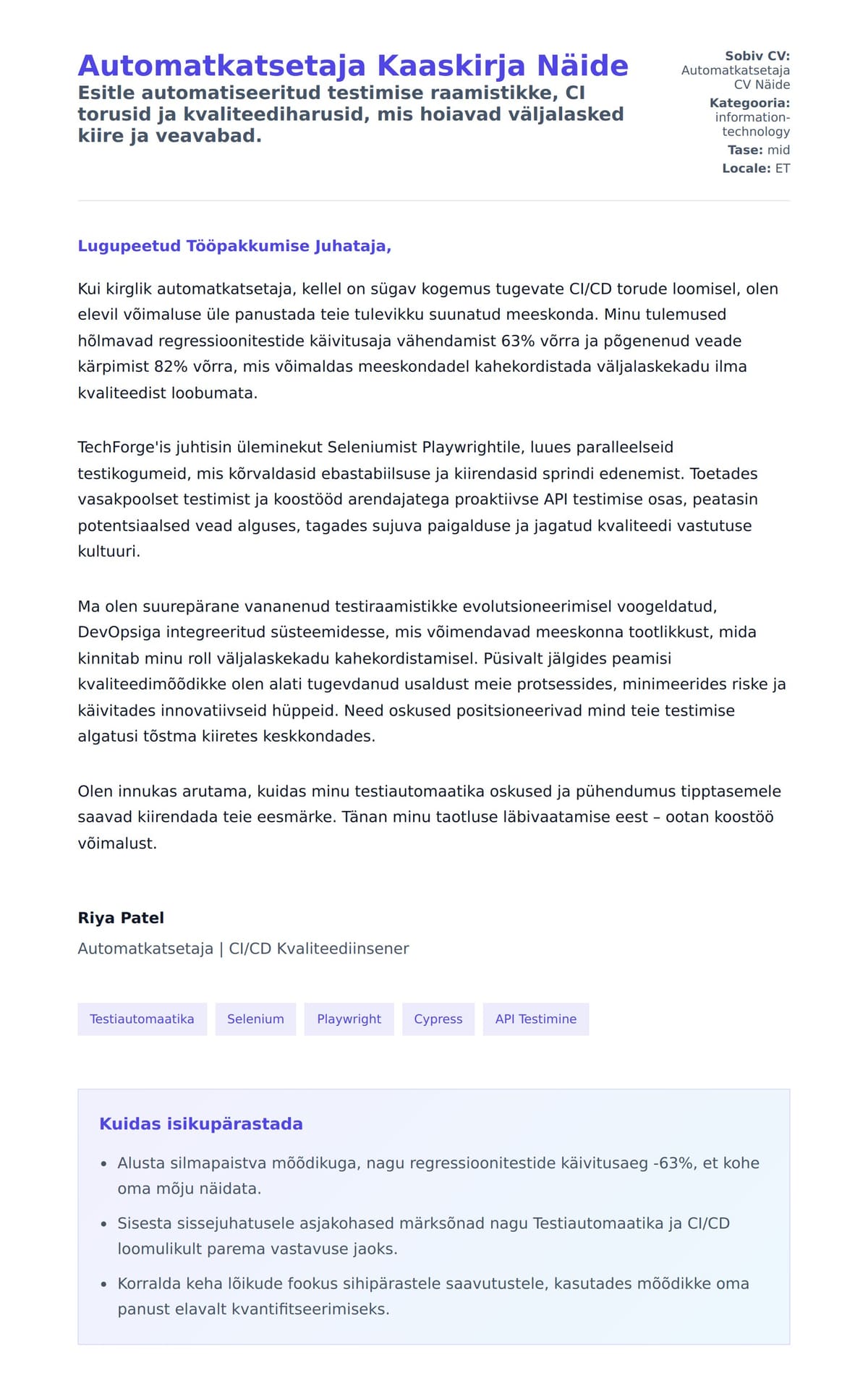Kaaskirja eelvaade Automatkatsetaja Kaaskirja Näide jaoks