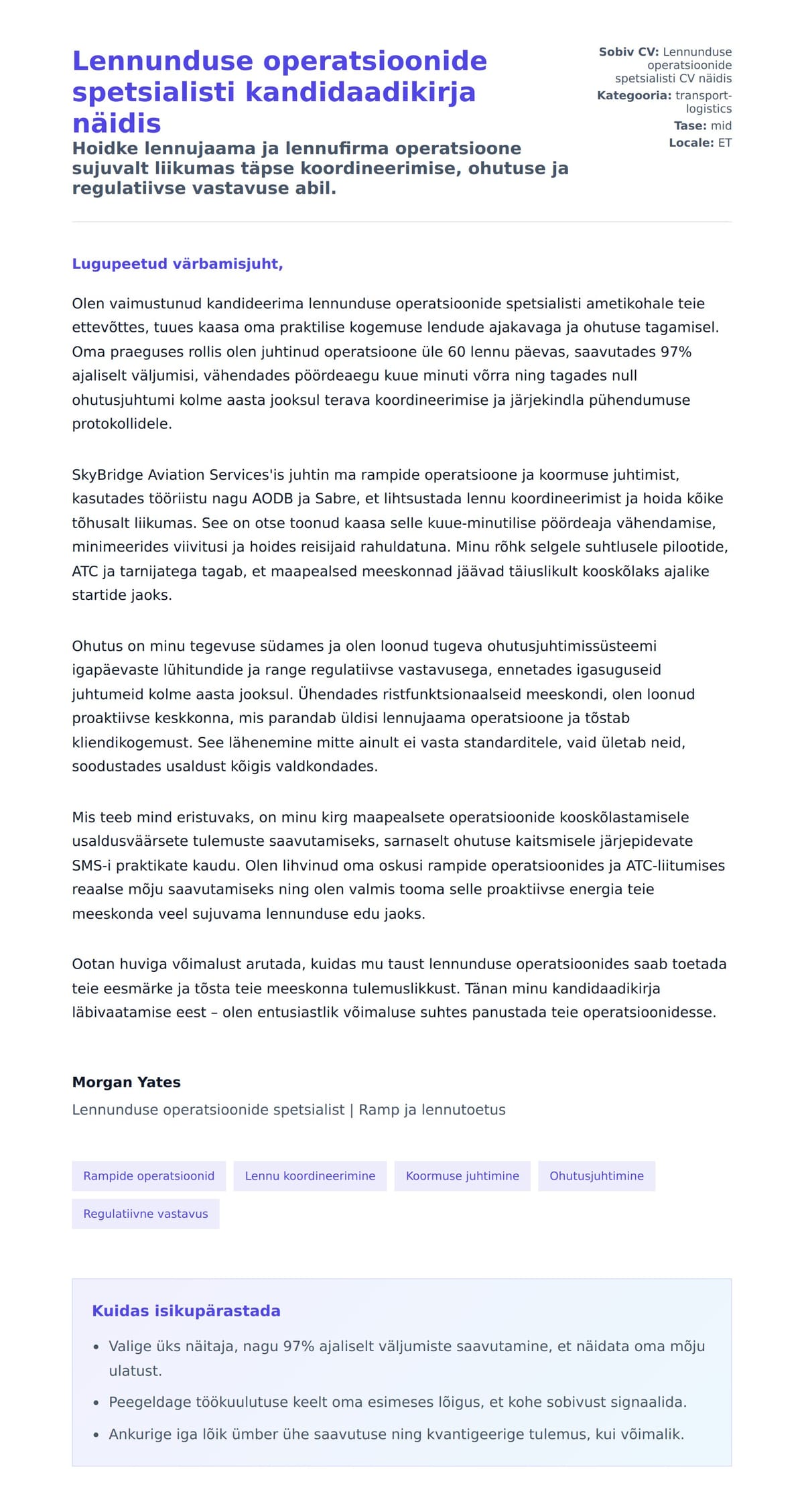 Kaaskirja eelvaade Lennunduse operatsioonide spetsialisti kandidaadikirja näidis jaoks