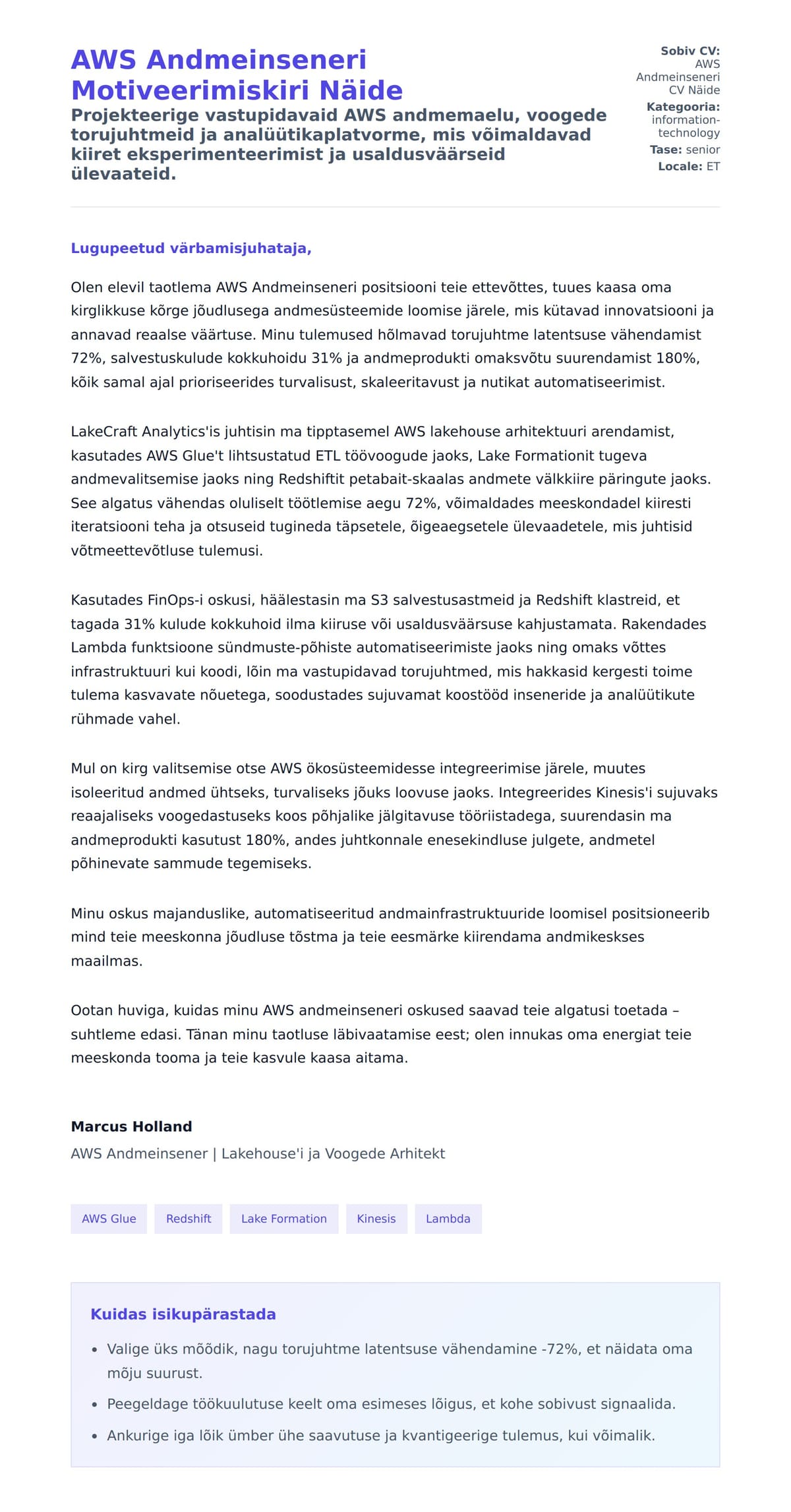 Kaaskirja eelvaade AWS Andmeinseneri Motiveerimiskiri Näide jaoks