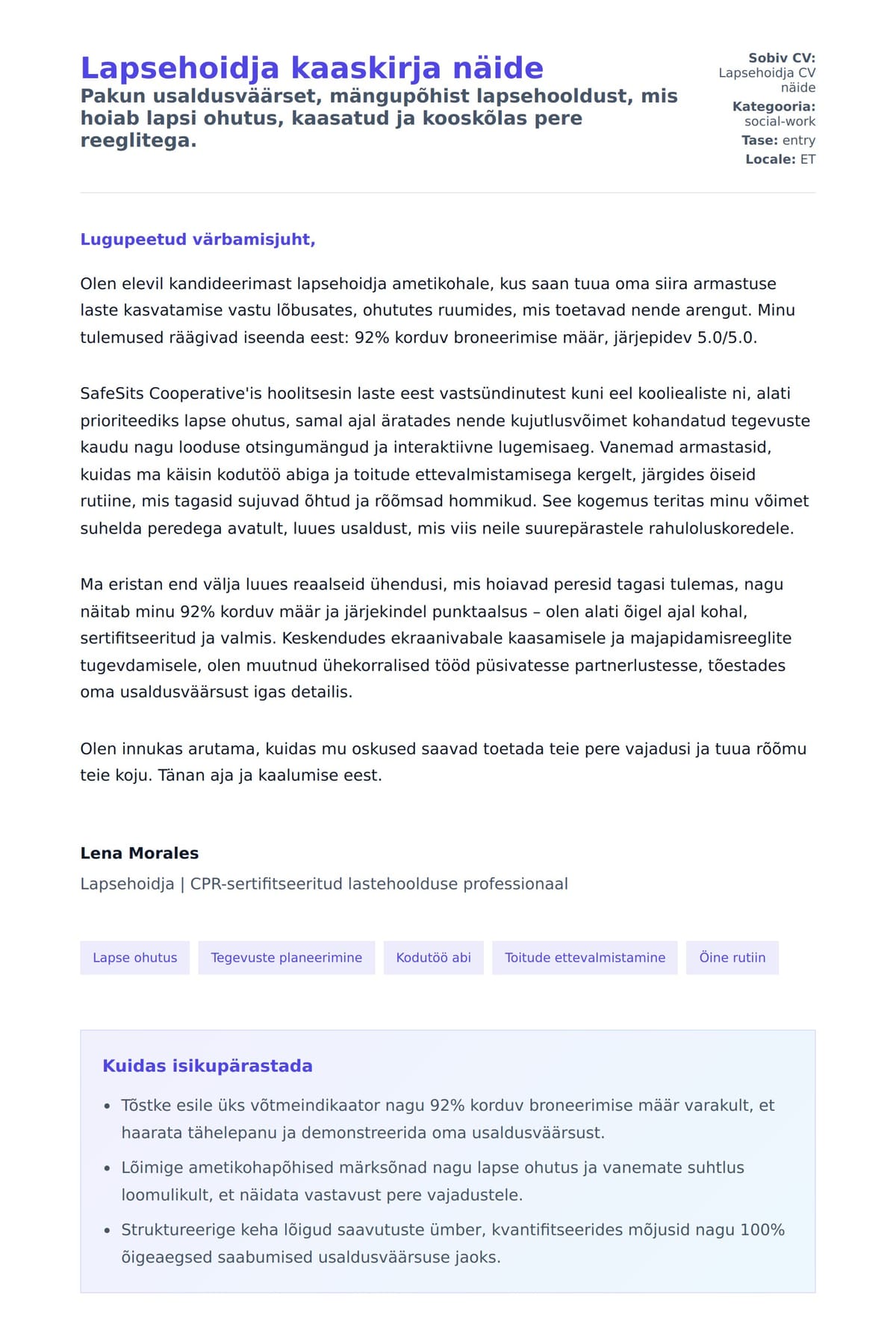 Kaaskirja eelvaade Lapsehoidja kaaskirja näide jaoks