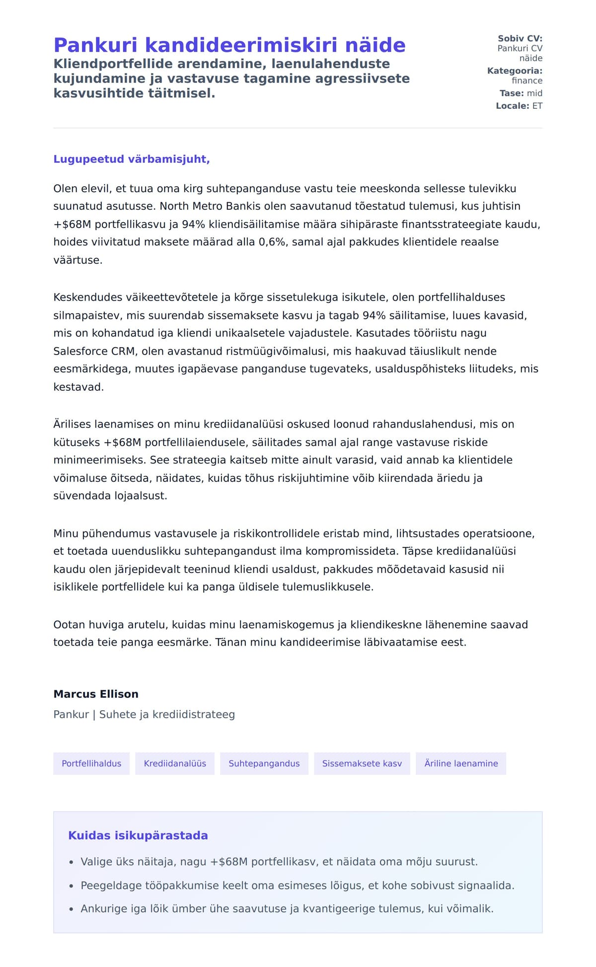 Kaaskirja eelvaade Pankuri kandideerimiskiri näide jaoks