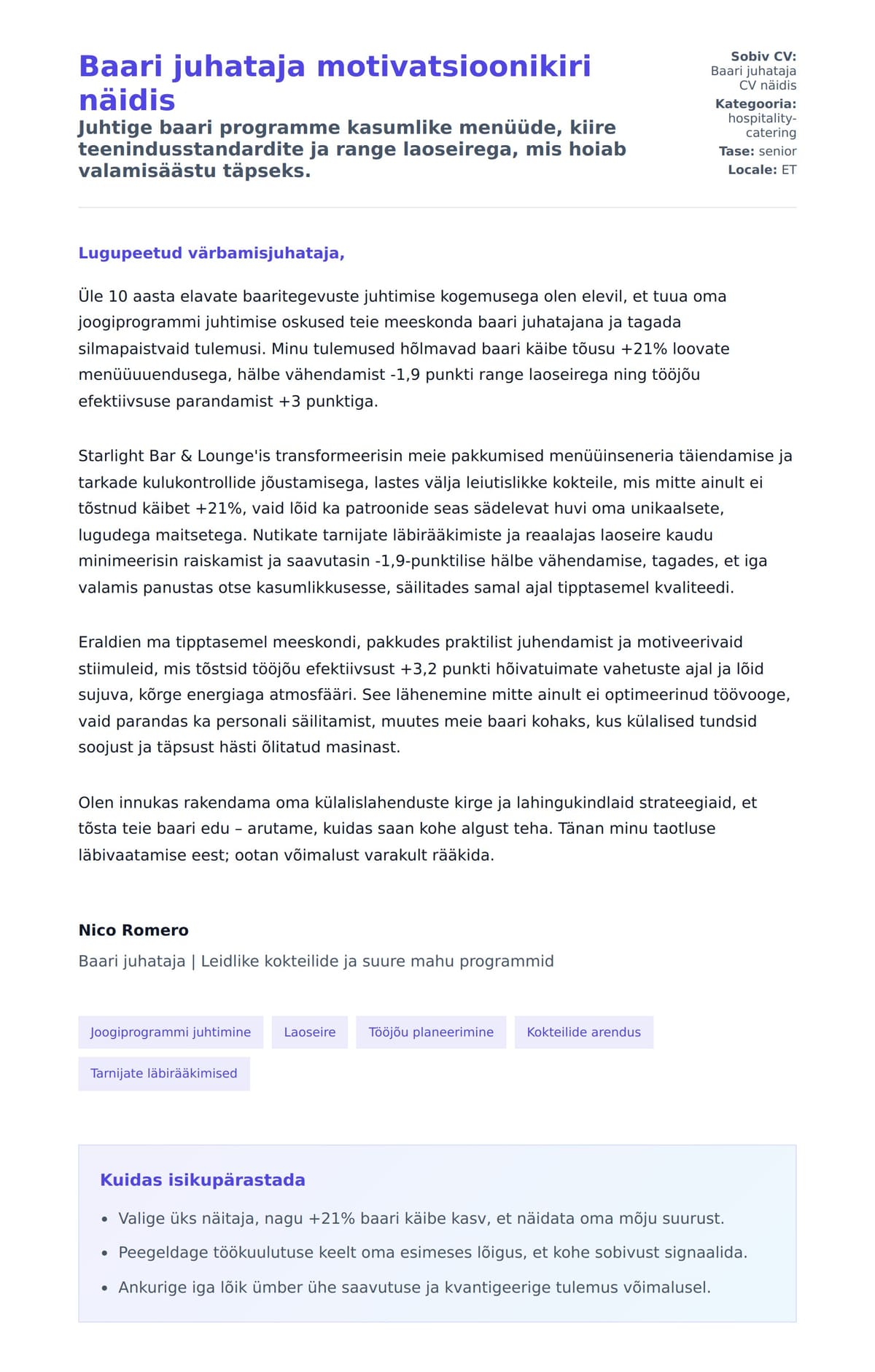 Kaaskirja eelvaade Baari juhataja motivatsioonikiri näidis jaoks