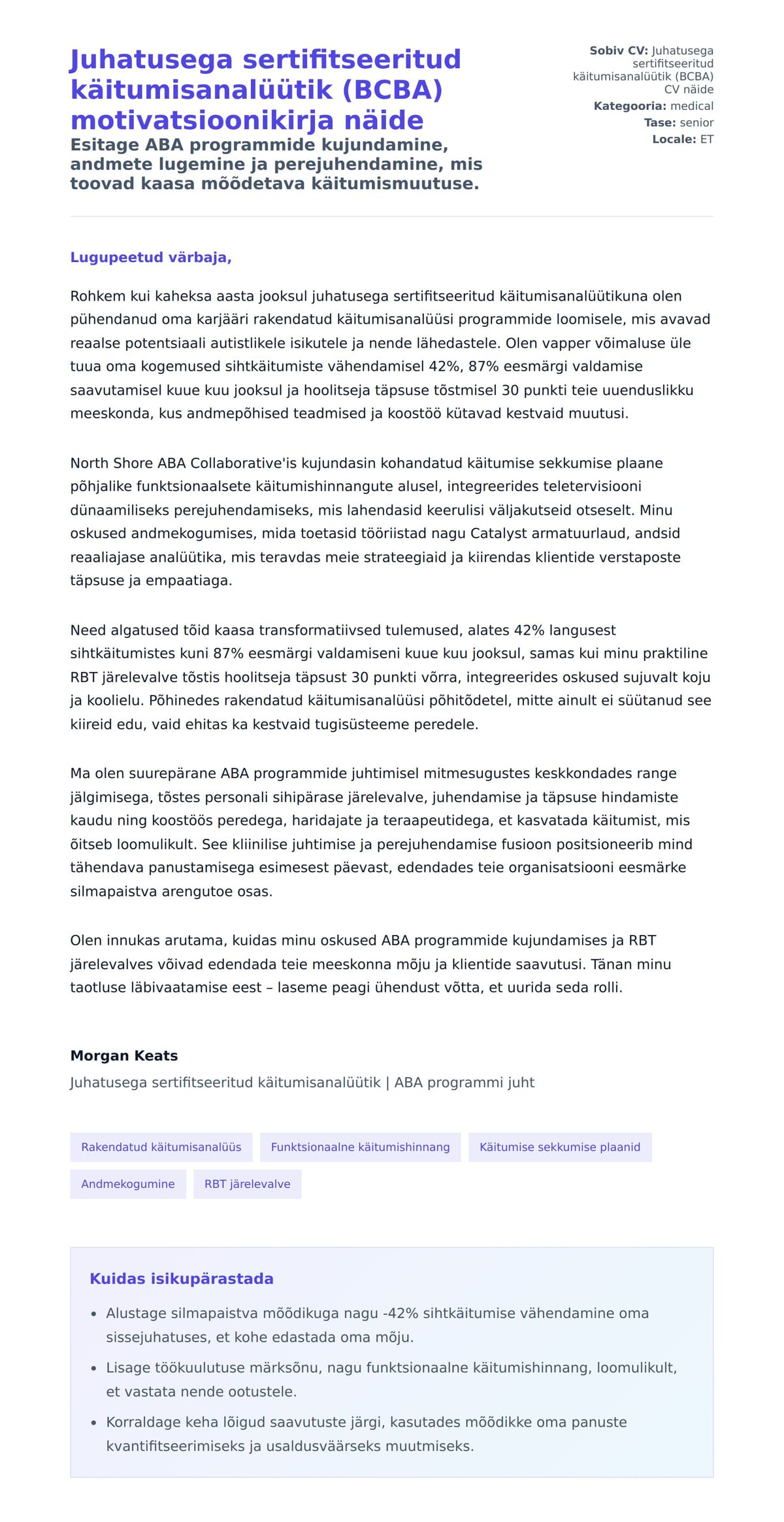 Kaaskirja eelvaade Juhatusega sertifitseeritud käitumisanalüütik (BCBA) motivatsioonikirja näide jaoks