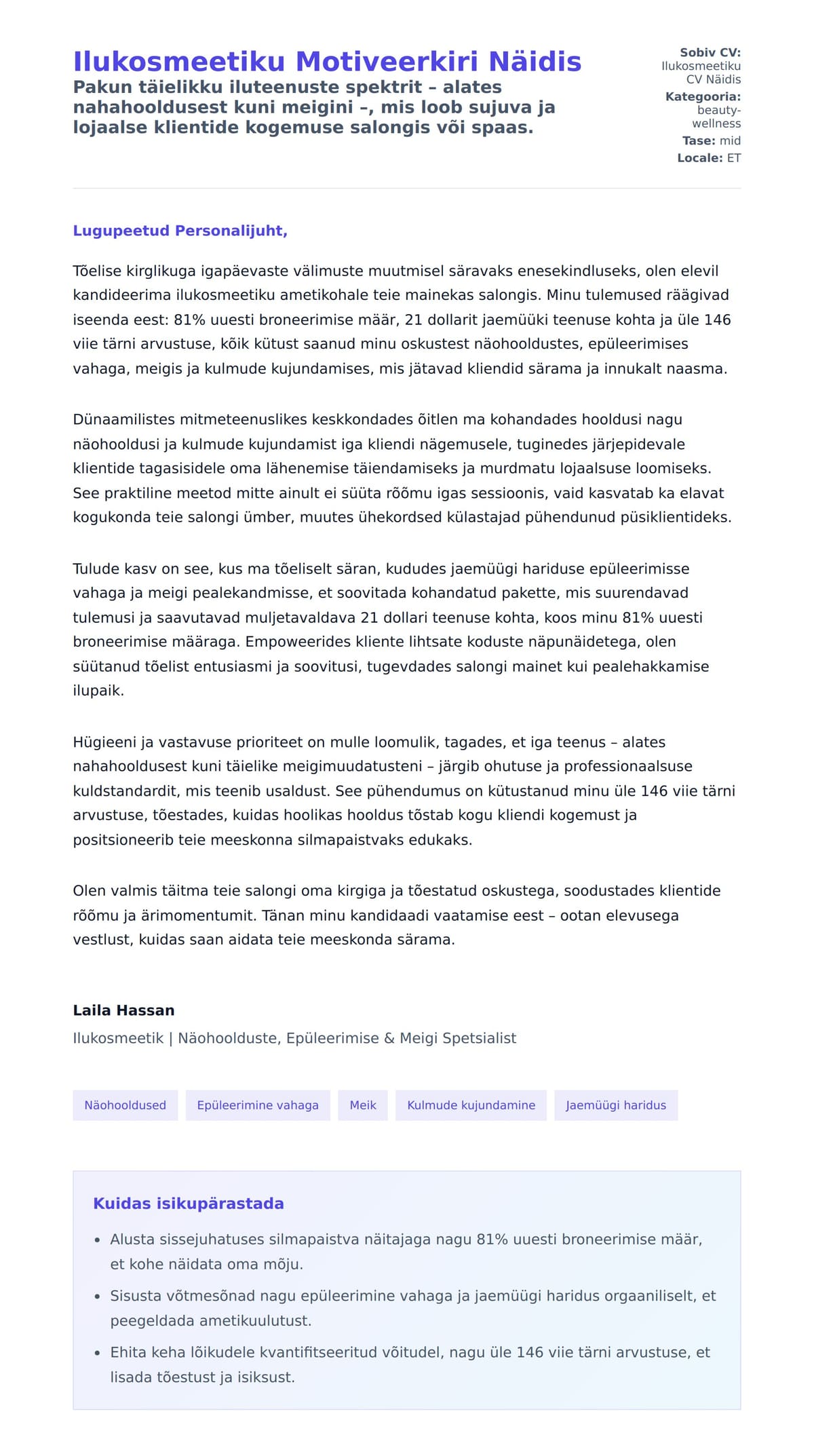 Kaaskirja eelvaade Ilukosmeetiku Motiveerkiri Näidis jaoks