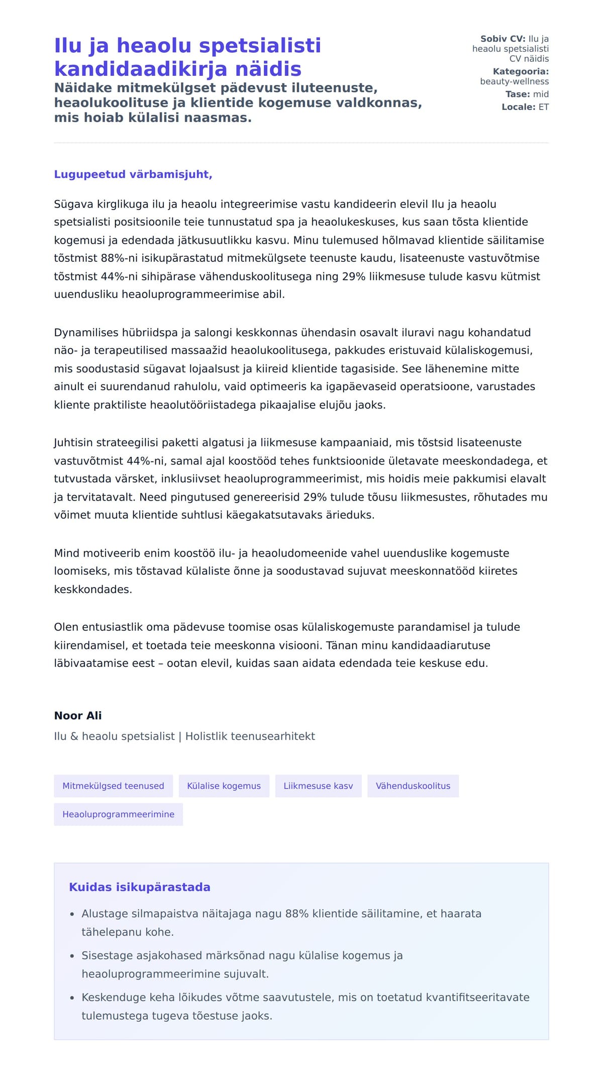 Ilu ja heaolu spetsialisti kandidaadikirja näidis