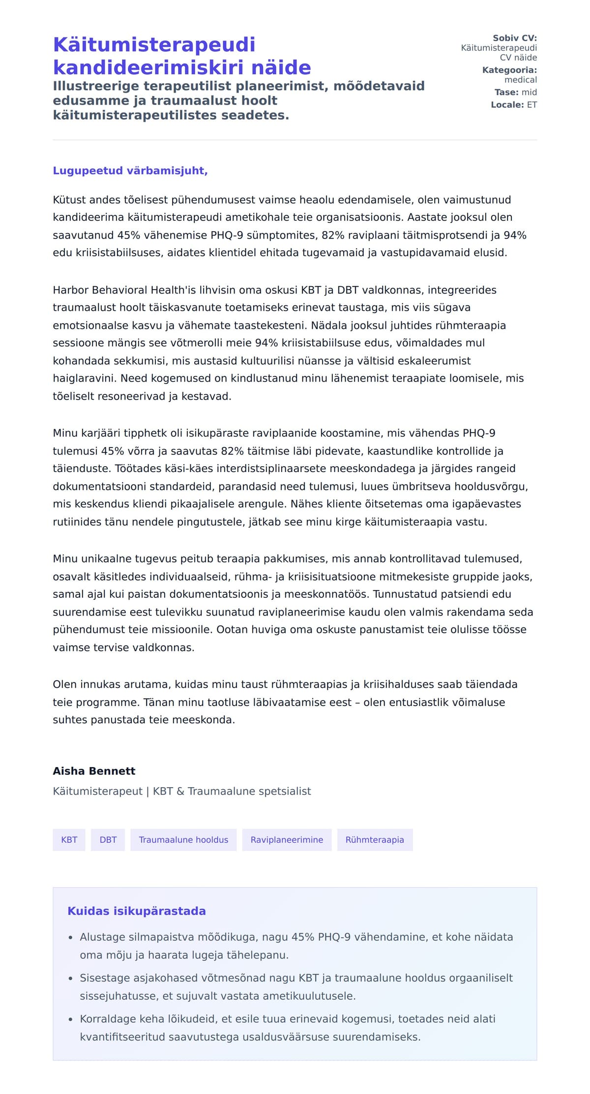 Kaaskirja eelvaade Käitumisterapeudi kandideerimiskiri näide jaoks