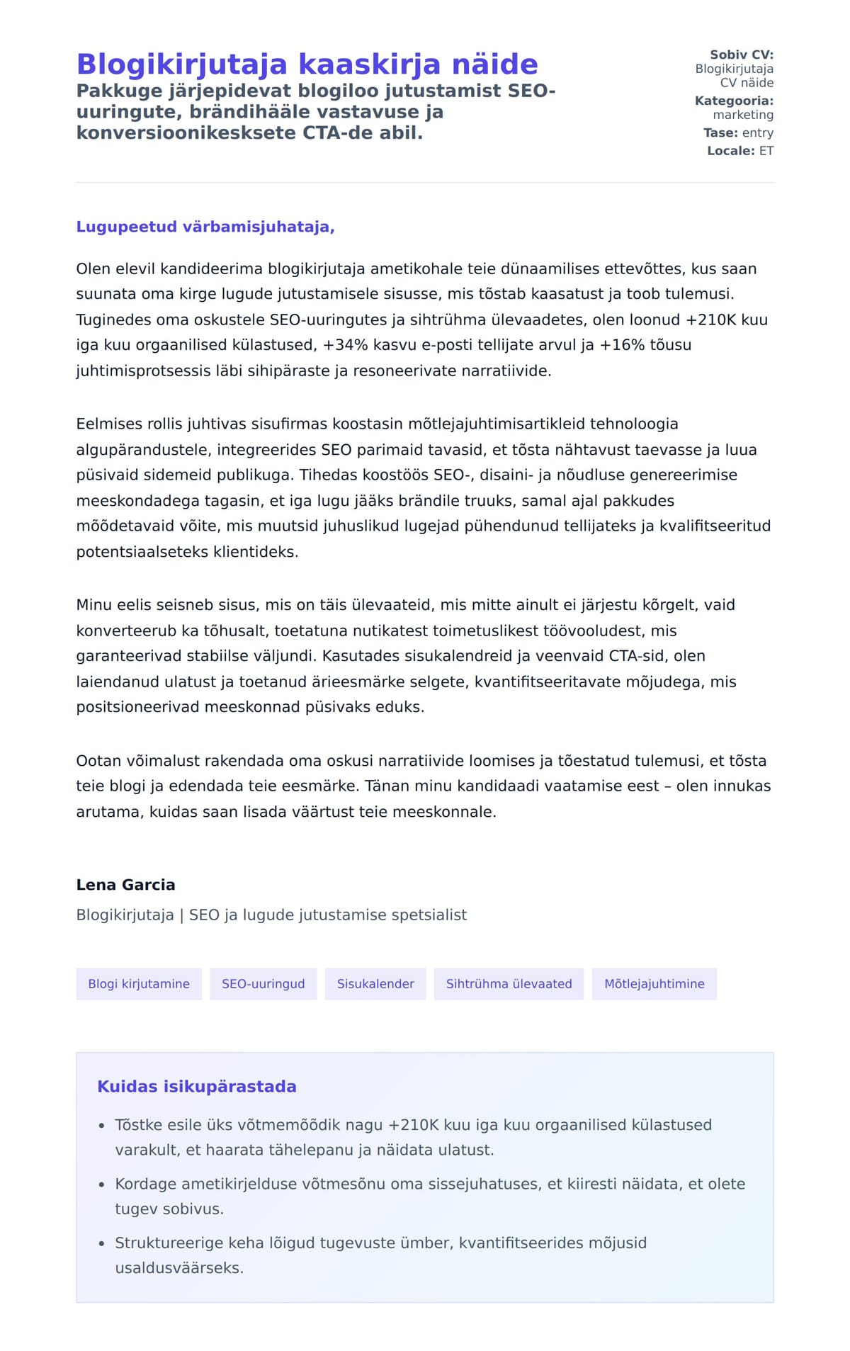 Kaaskirja eelvaade Blogikirjutaja kaaskirja näide jaoks