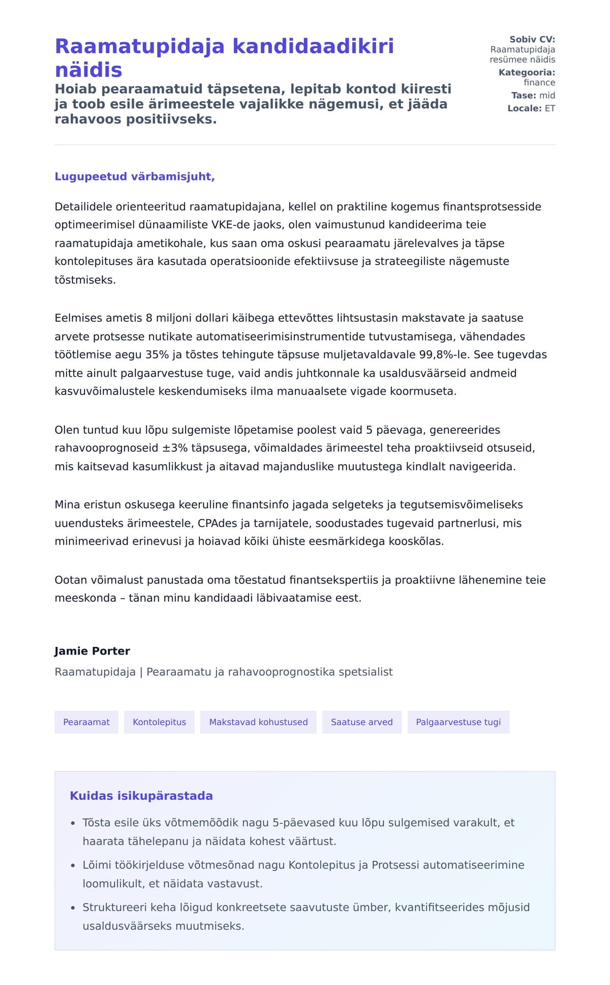 Kaaskirja eelvaade Raamatupidaja kandidaadikiri näidis jaoks