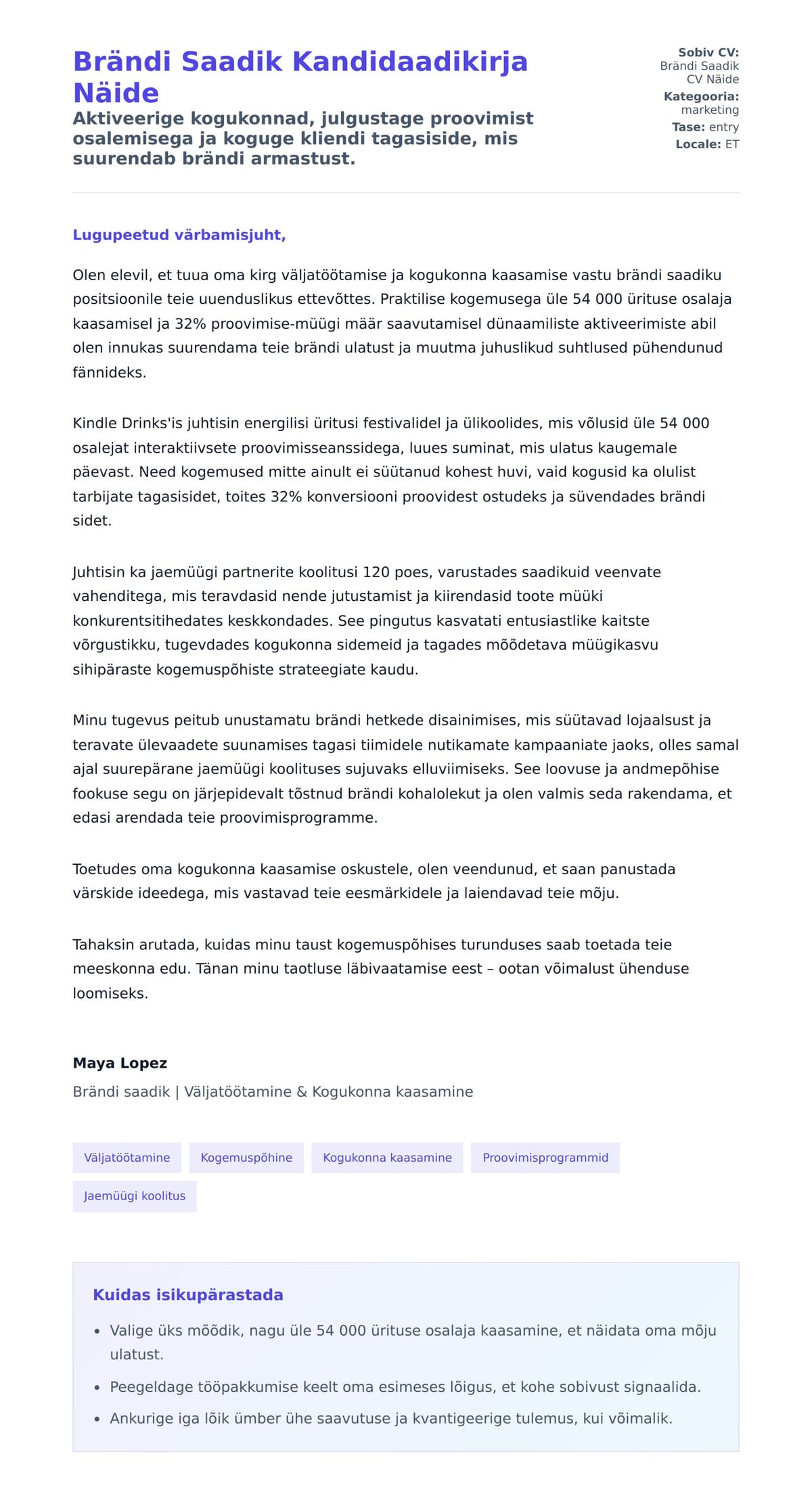 Kaaskirja eelvaade Brändi Saadik Kandidaadikirja Näide jaoks
