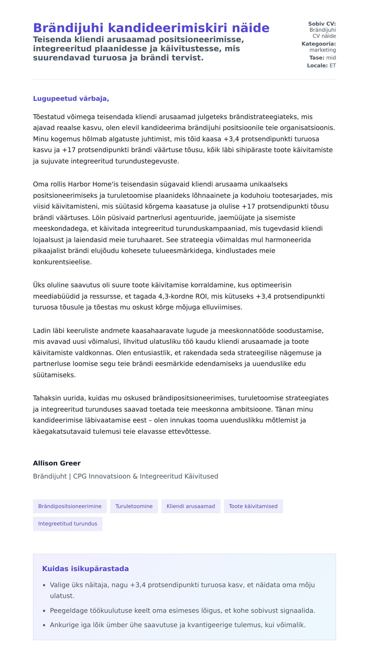 Kaaskirja eelvaade Brändijuhi kandideerimiskiri näide jaoks
