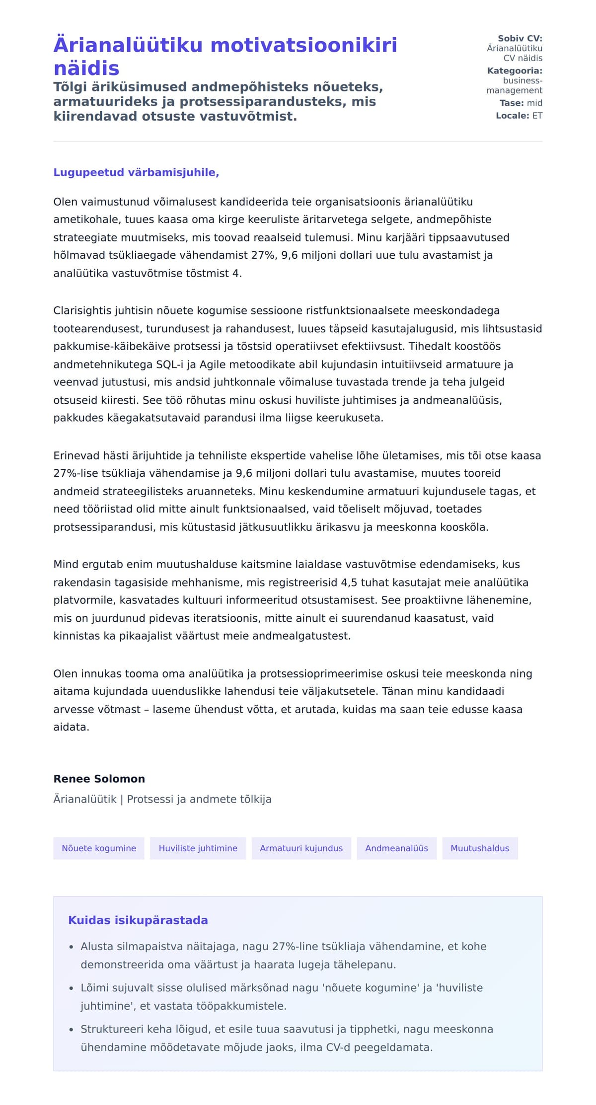 Kaaskirja eelvaade Ärianalüütiku motivatsioonikiri näidis jaoks