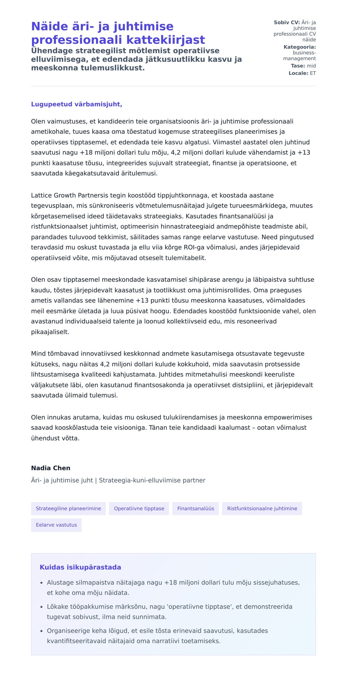 Kaaskirja eelvaade Näide äri- ja juhtimise professionaali kattekiirjast jaoks